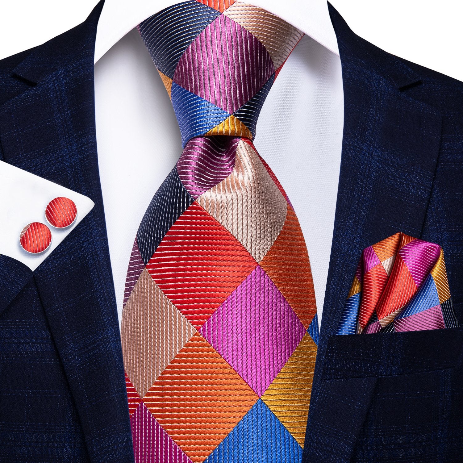 Red Blue Plaid Tie Handkerchief Cufflinks Set with Wedding Brooch