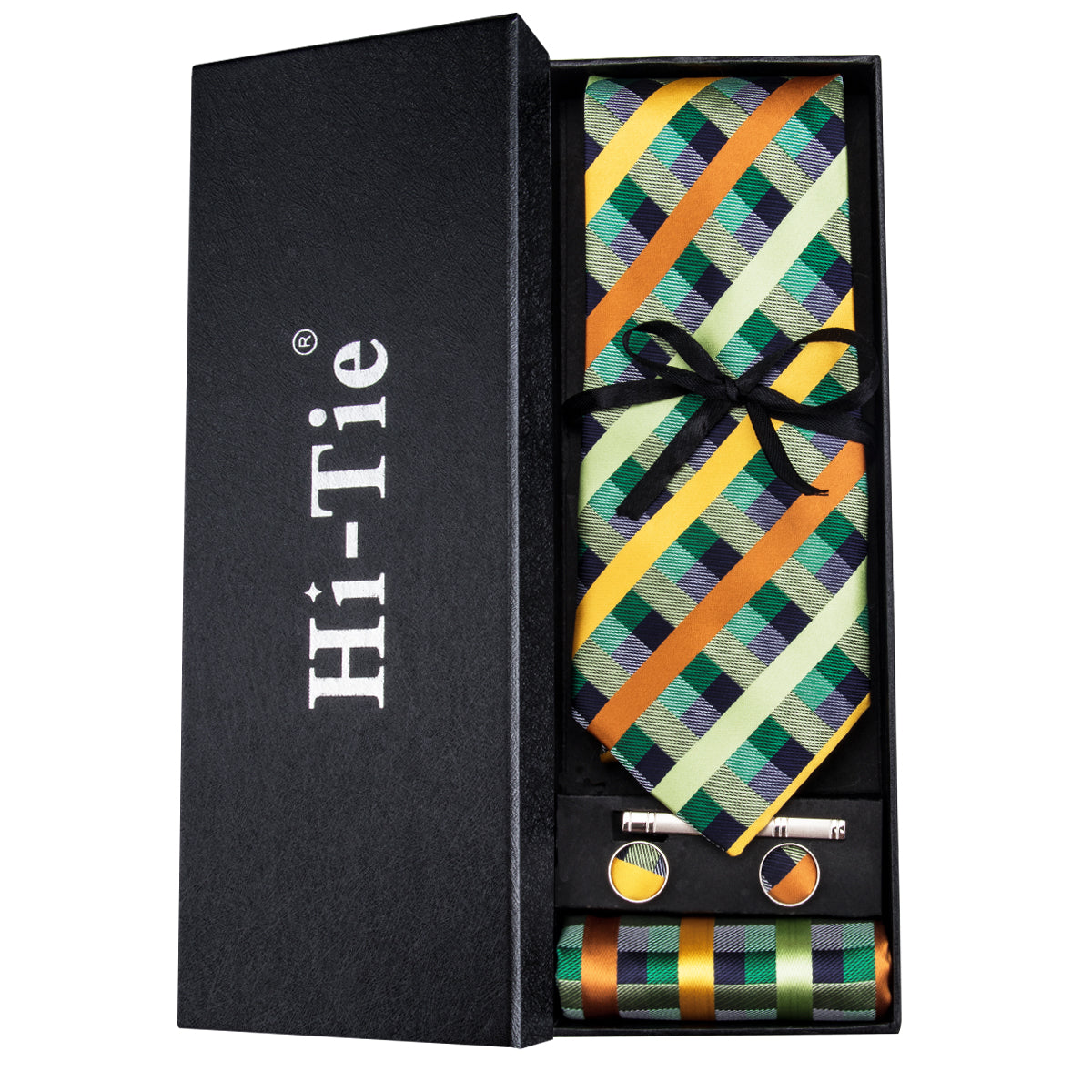 Mint Green Plaid Tie Pocket Square Cufflinks Set Gift Box Set
