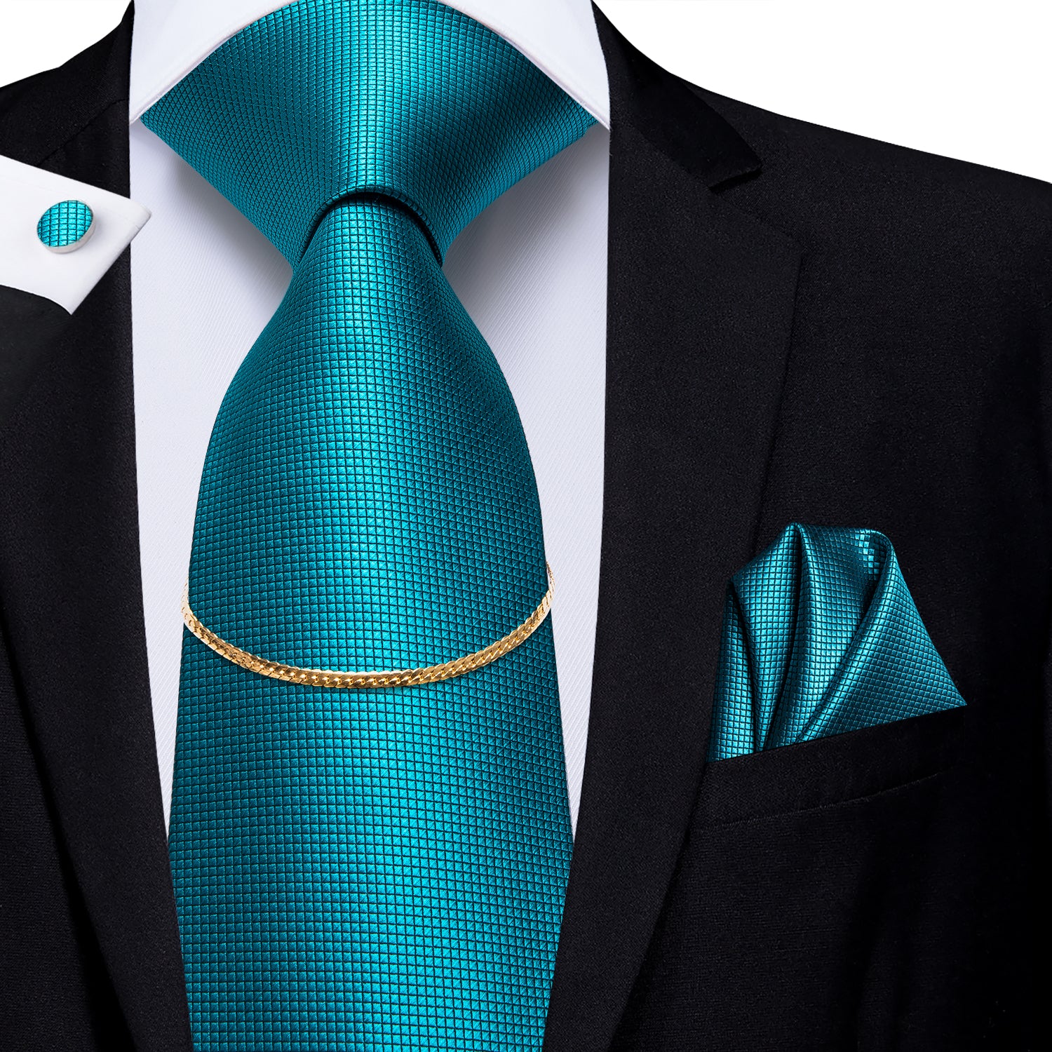 Teal Blue Solid Tie Pocket Square Cufflinks Set With Golden Chain