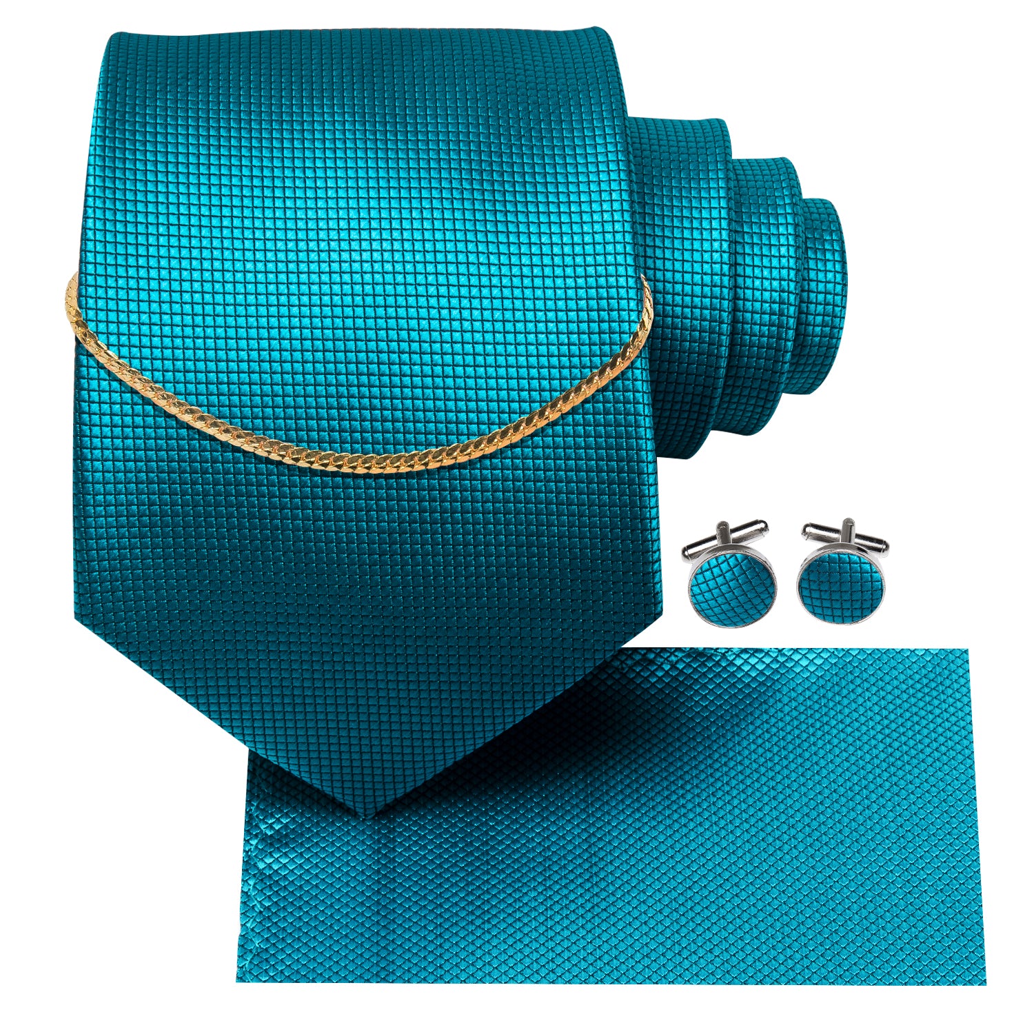 Teal Blue Solid Tie Pocket Square Cufflinks Set With Golden Chain