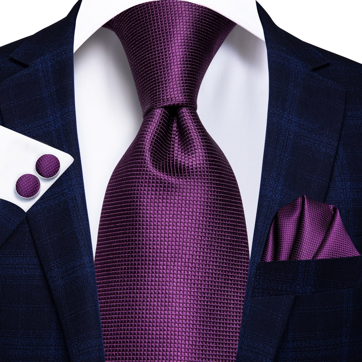 Purple Solid Tie Tie Handkerchief Cufflinks Set with Wedding Brooch