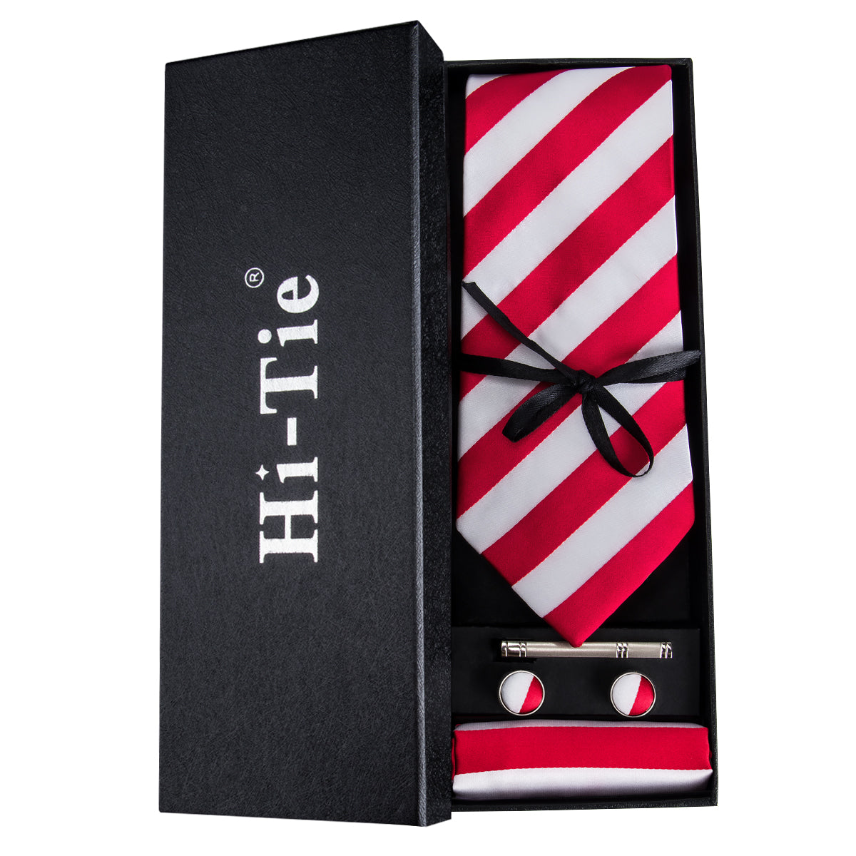 Red White Striped Tie Pocket Square Cufflinks Set Gift Box Set