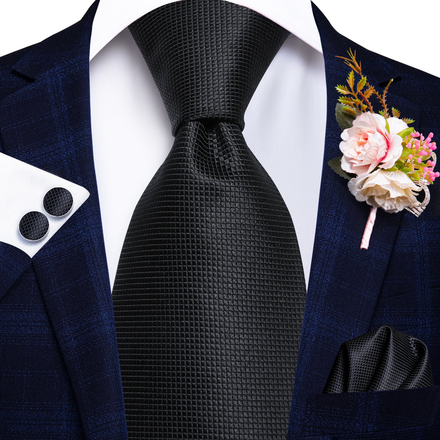 Black Solid Tie Tie Handkerchief Cufflinks Set with Wedding Brooch