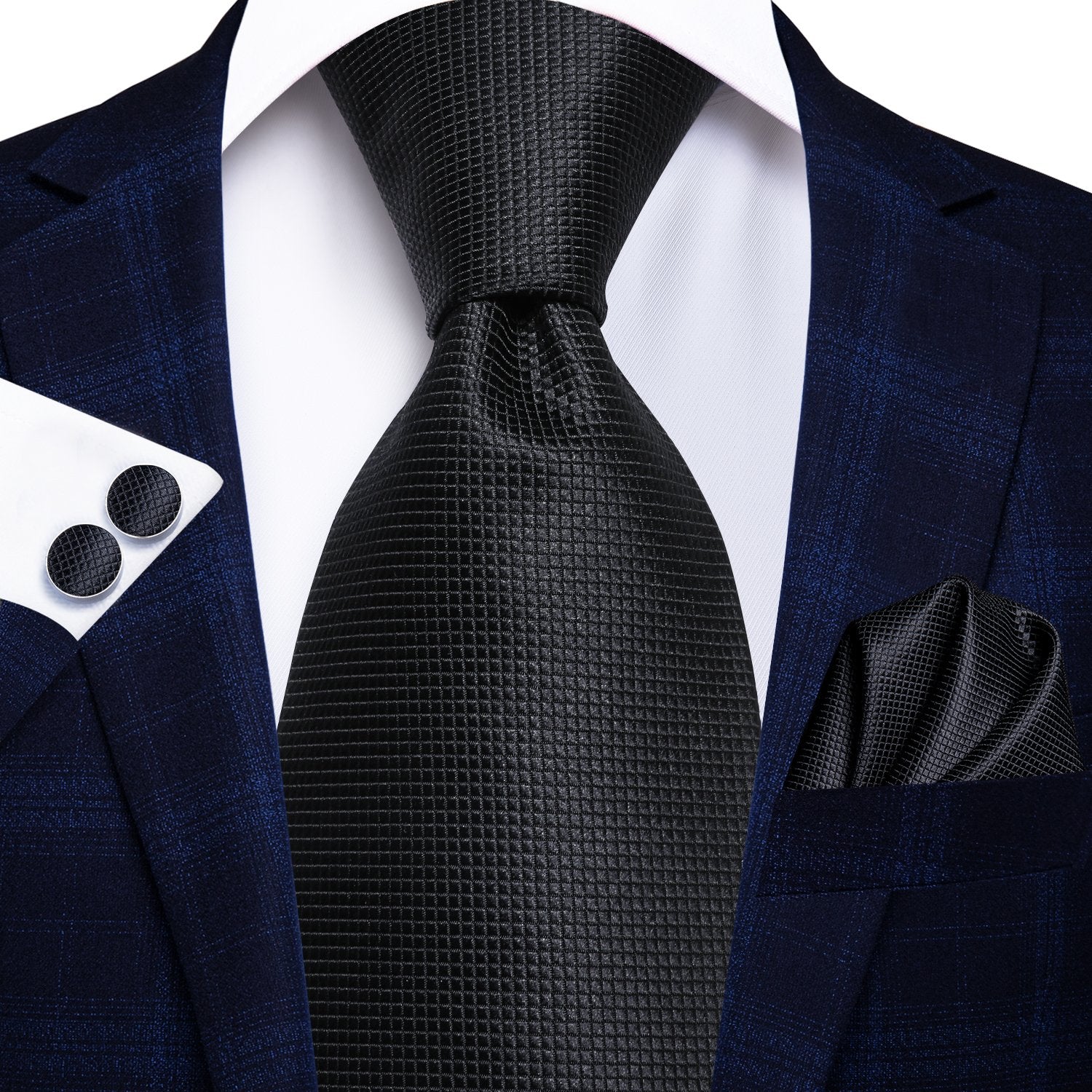 Black Solid Tie Tie Handkerchief Cufflinks Set with Wedding Brooch