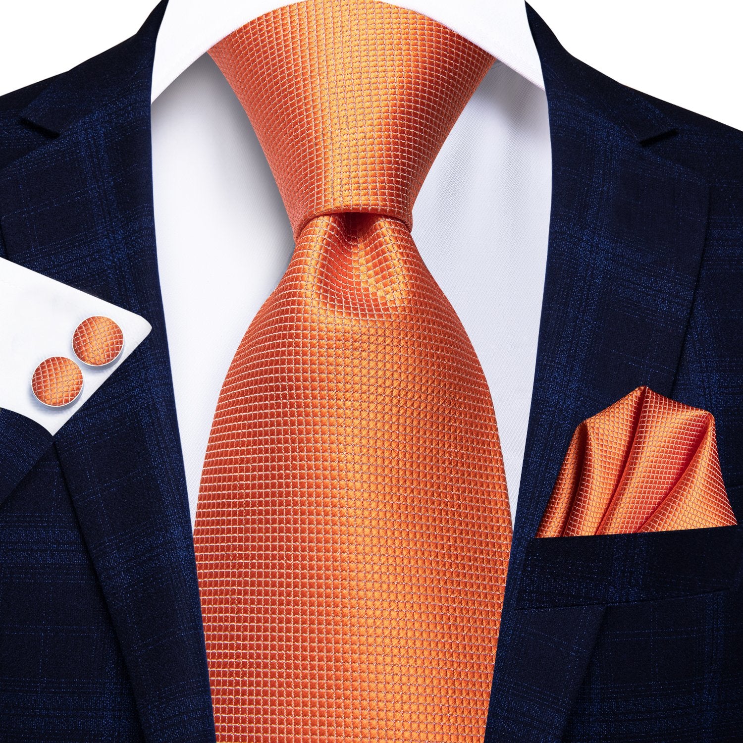 Orange Solid Tie Pocket Square Cufflinks Set with Brooch