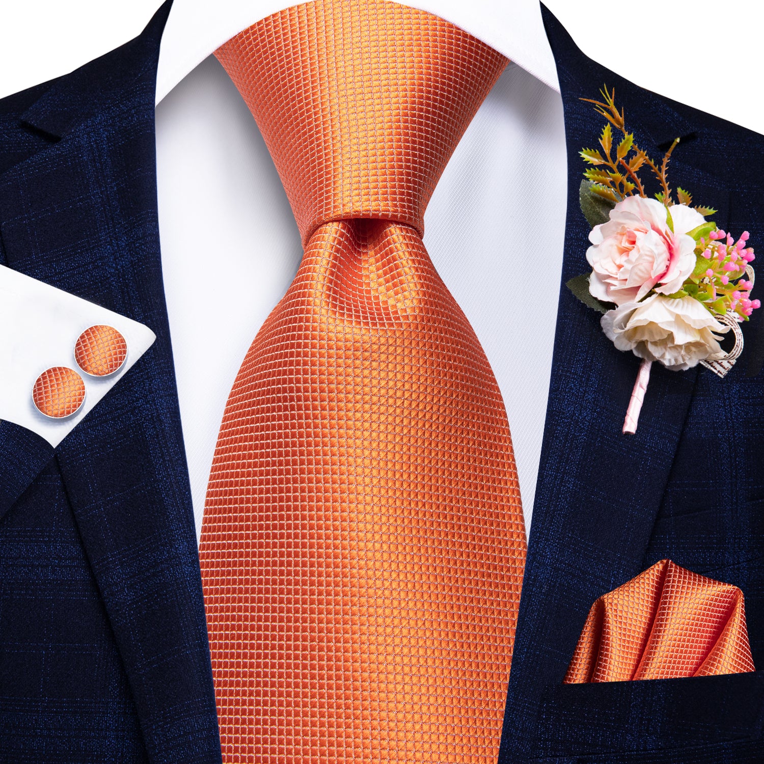 Orange Solid Tie Tie Handkerchief Cufflinks Set with Wedding Brooch