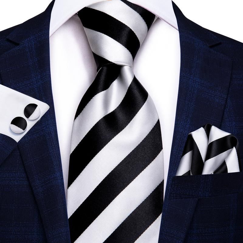 White Black Striped Tie Tie Handkerchief Cufflinks Set with Wedding Brooch