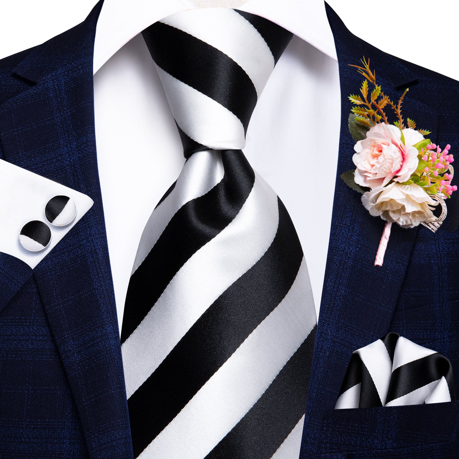 White Black Striped Tie Tie Handkerchief Cufflinks Set with Wedding Brooch