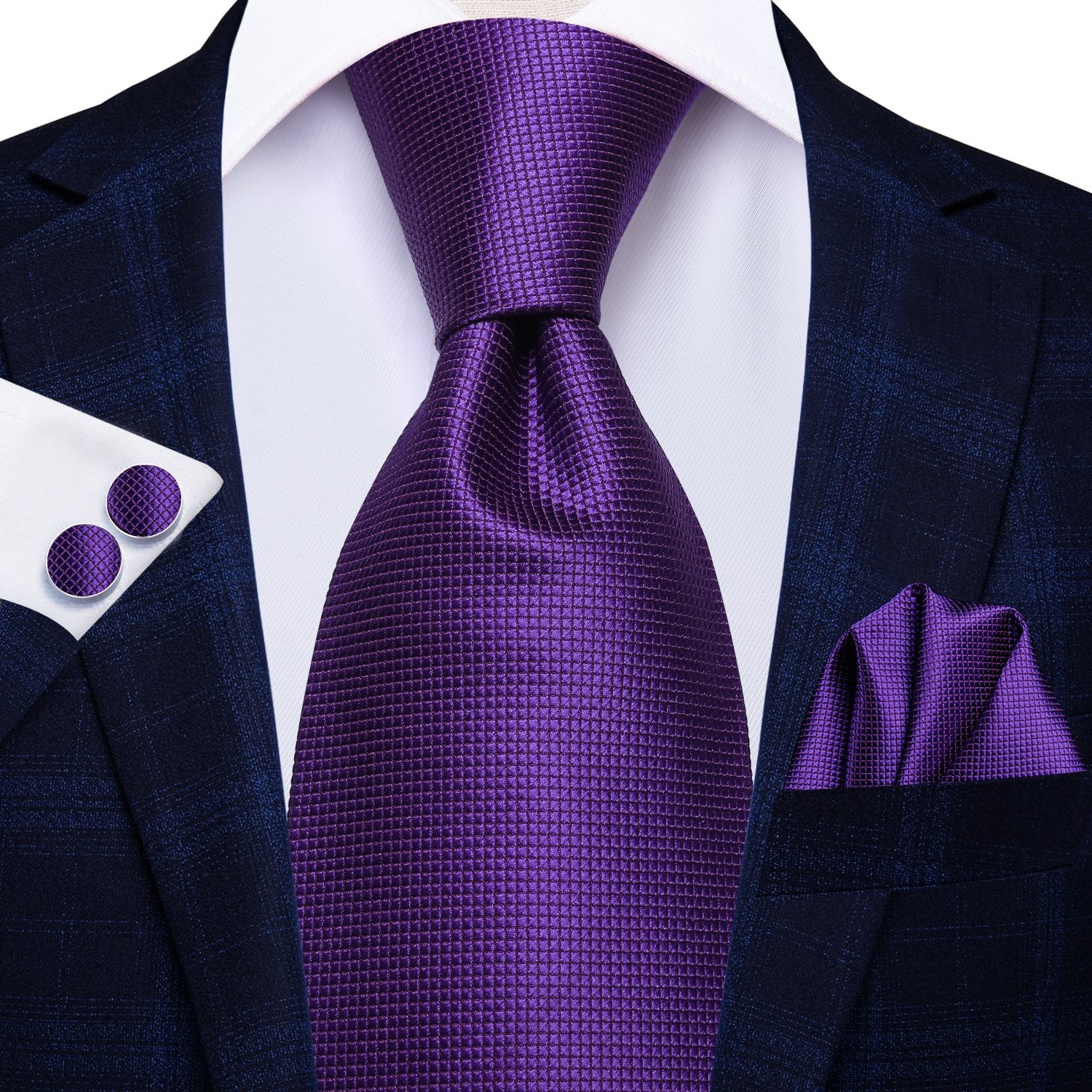 Purple Solid Tie Handkerchief Cufflinks Set with Wedding Brooch