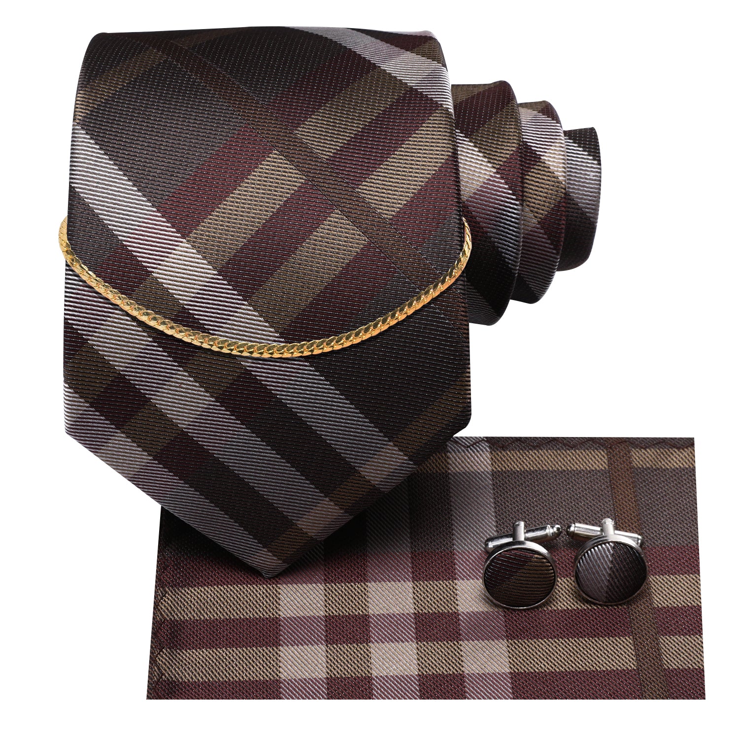 Classic Brown Plaid Silk Men's Tie Set Tie Pocket Square Cufflinks Set With Golden Chain