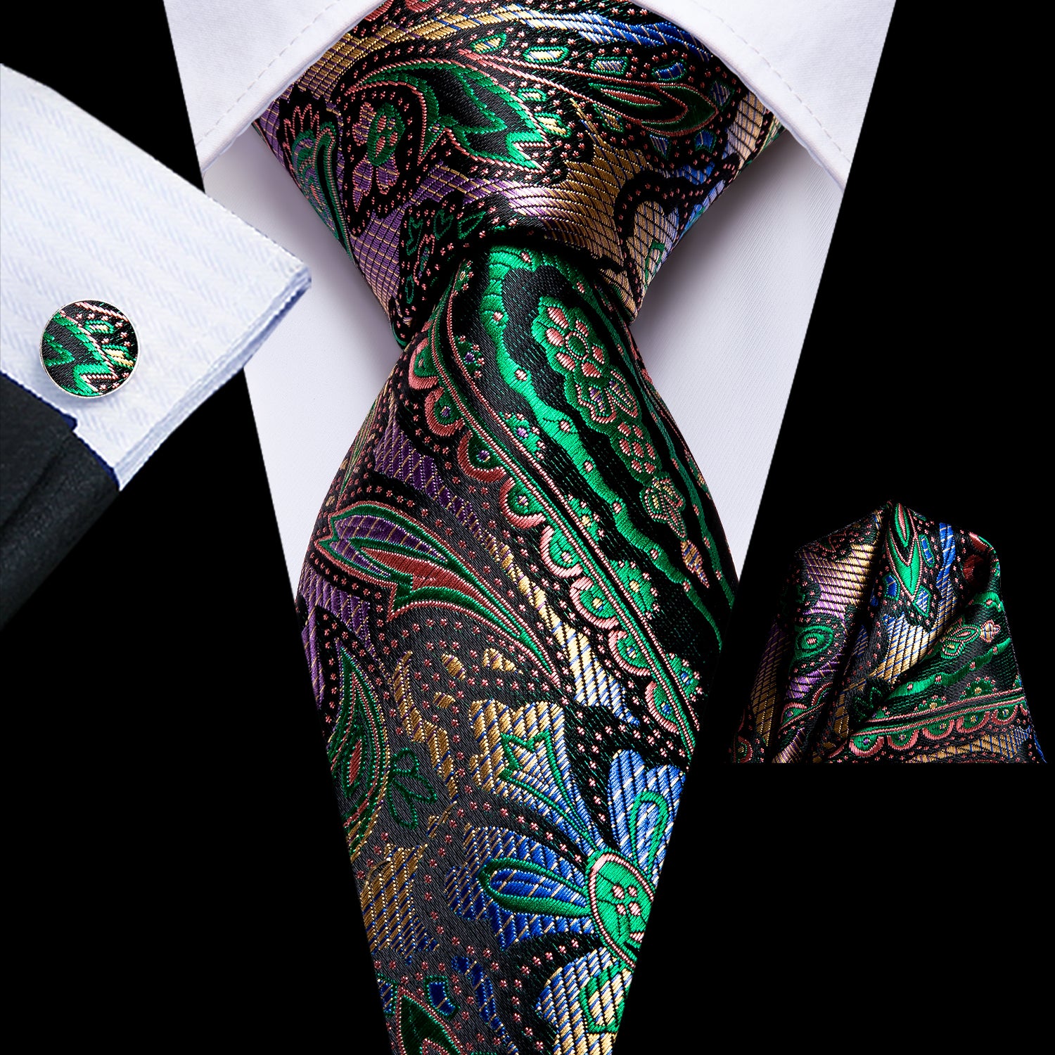 Black Green Paisley Silk Tie Pocket Square Cufflinks Set