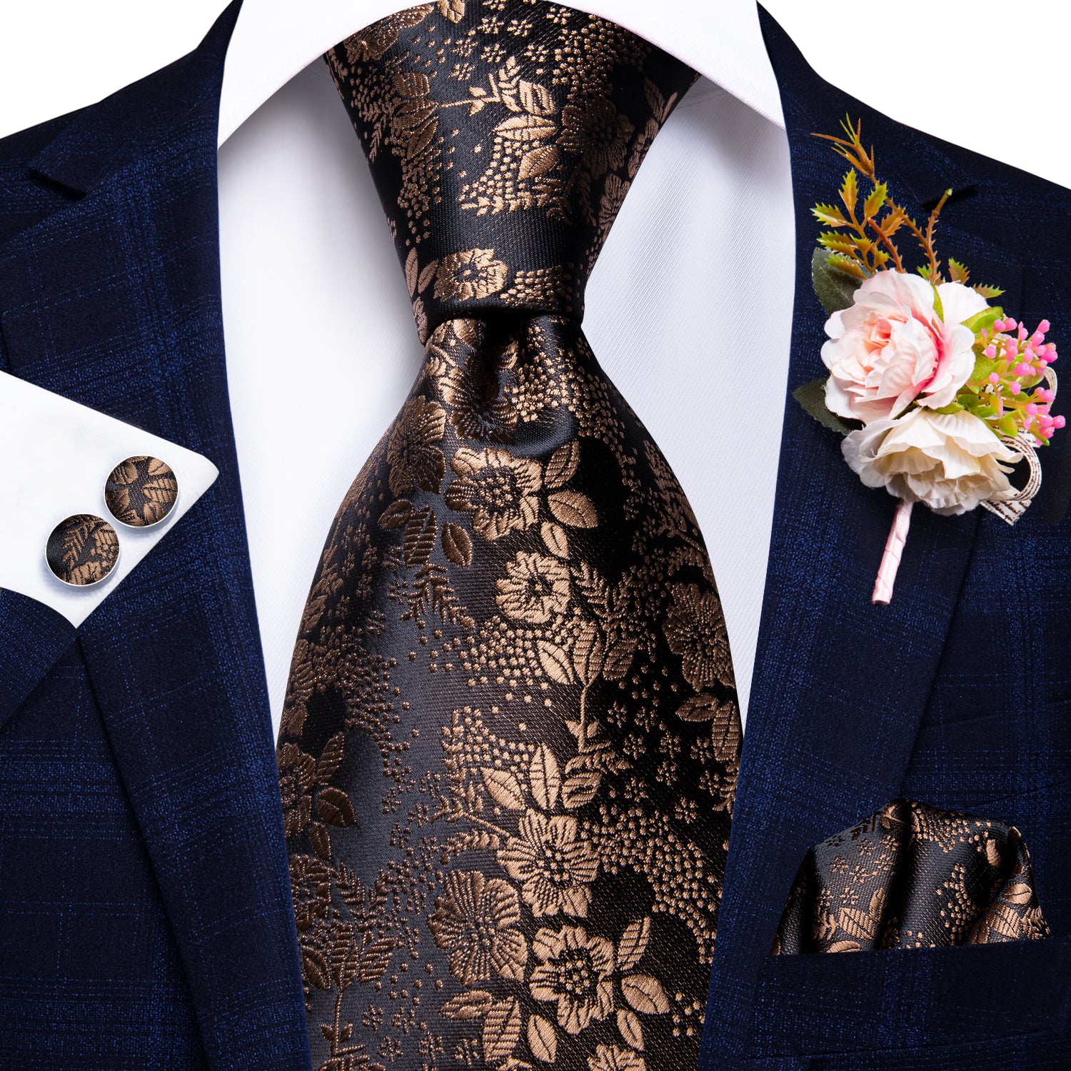 Black Floral Tie Handkerchief Cufflinks Set with Wedding Brooch