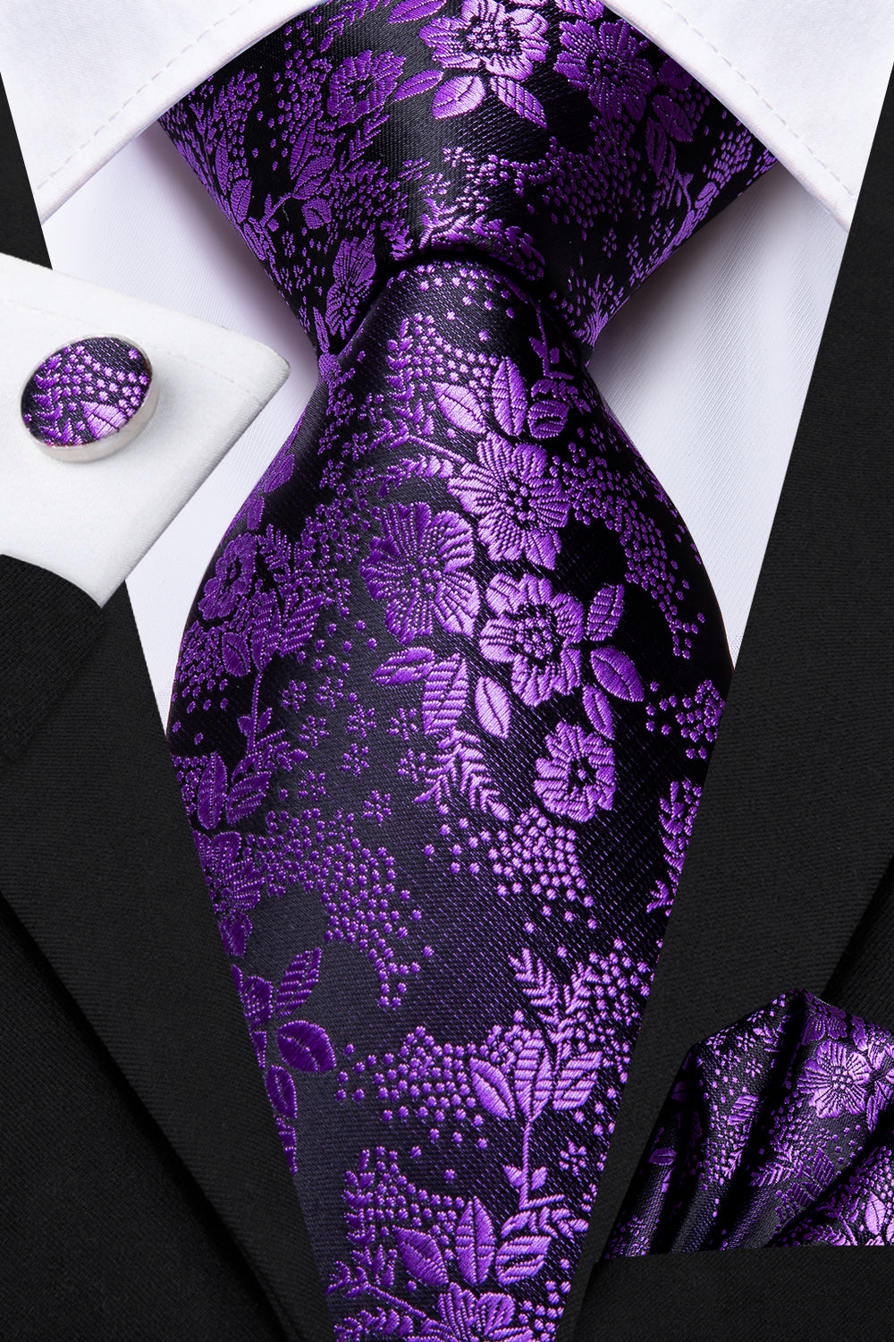Purple Floral Tie Handkerchief Cufflinks Set with Wedding Brooch
