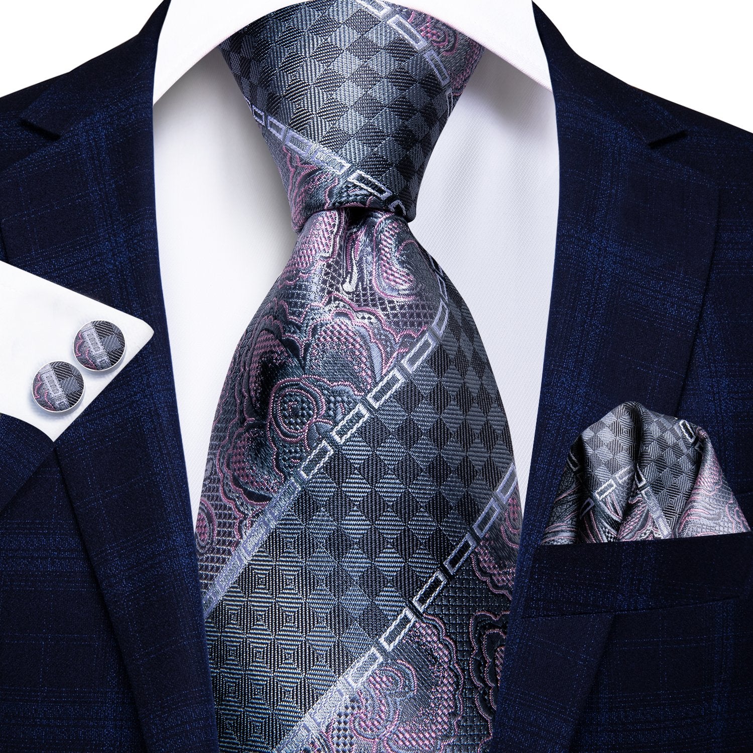Silver Grey Pink Novelty Tie Handkerchief Cufflinks Set with Wedding Brooch
