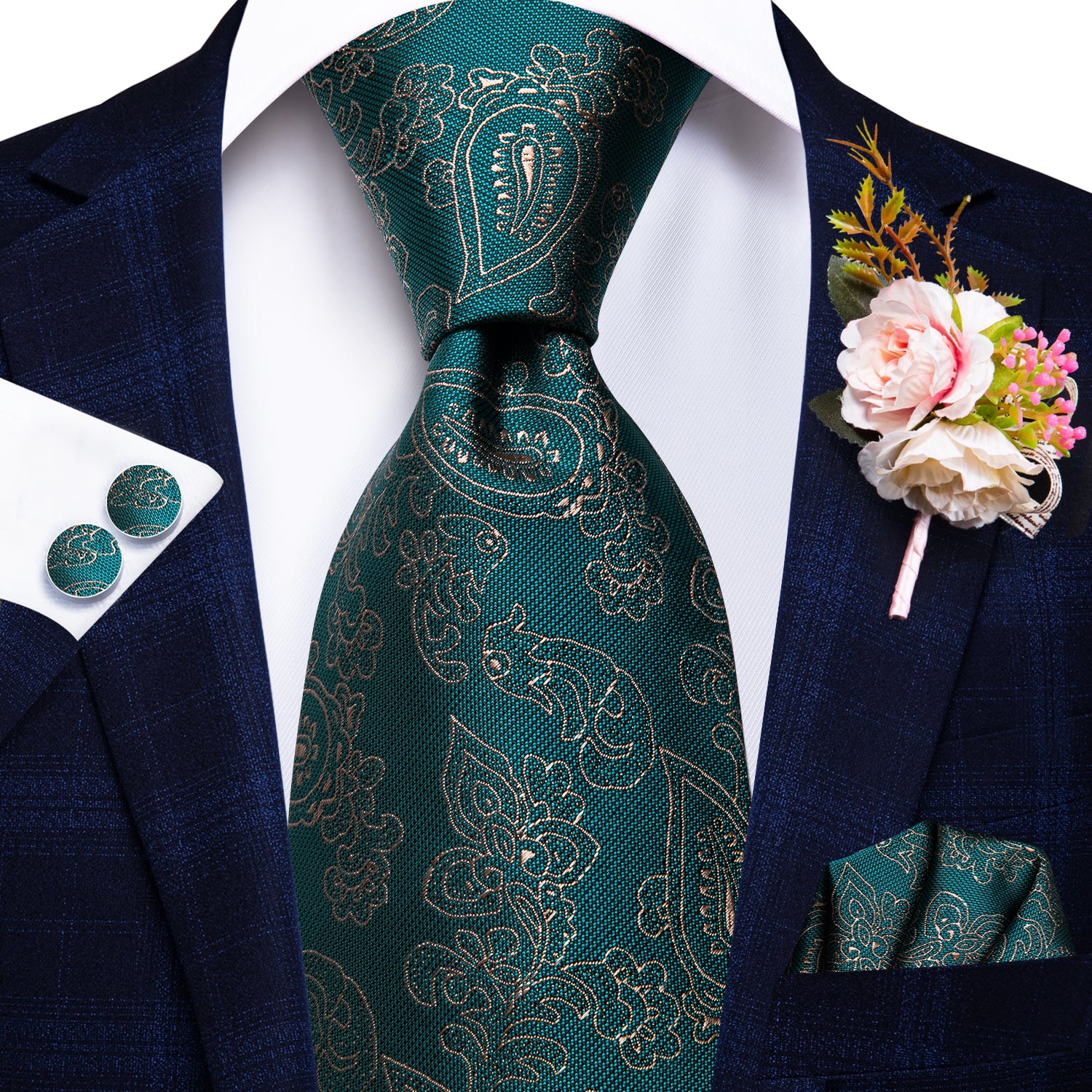Teal Green floral Tie Handkerchief Cufflinks Set with Wedding Brooch