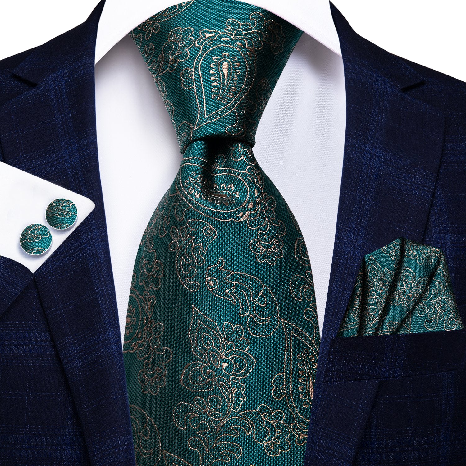 Teal Green floral Tie Handkerchief Cufflinks Set with Wedding Brooch