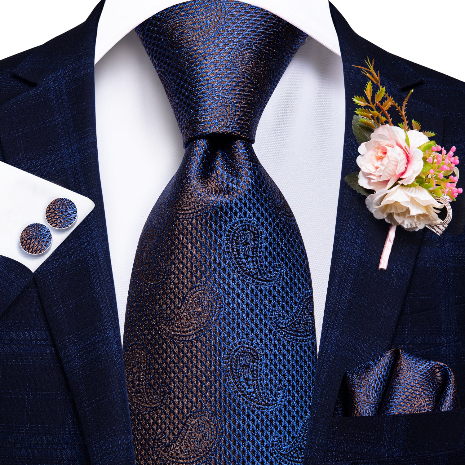 Navy Blue Paisley Tie Handkerchief Cufflinks Set with Wedding Brooch