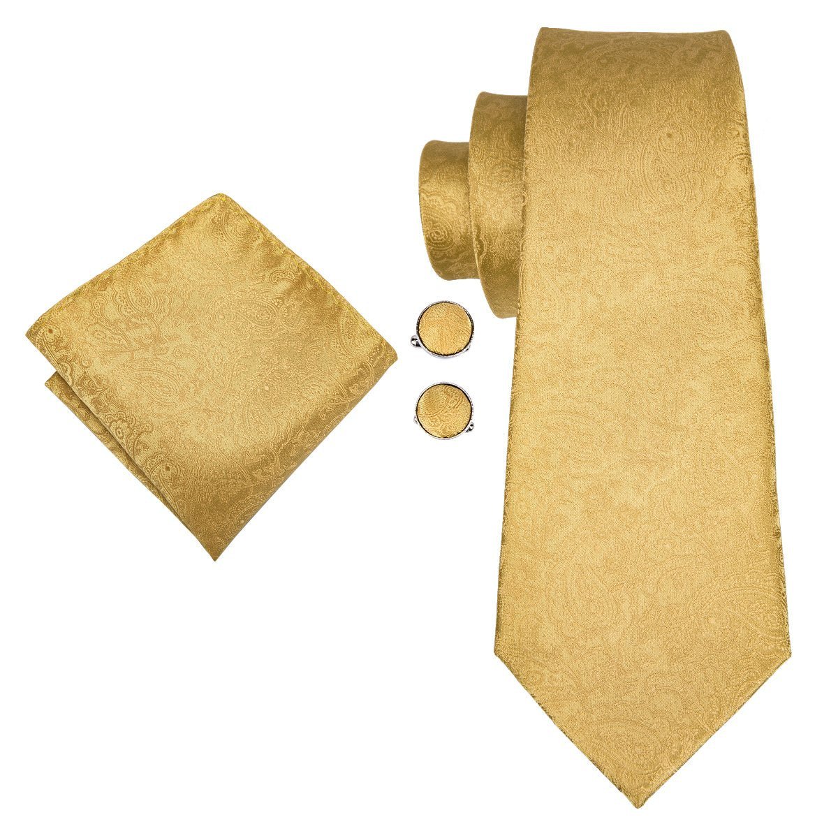 Royal Yellow Paisley Tie Pocket Square Cufflinks Set with Brooch