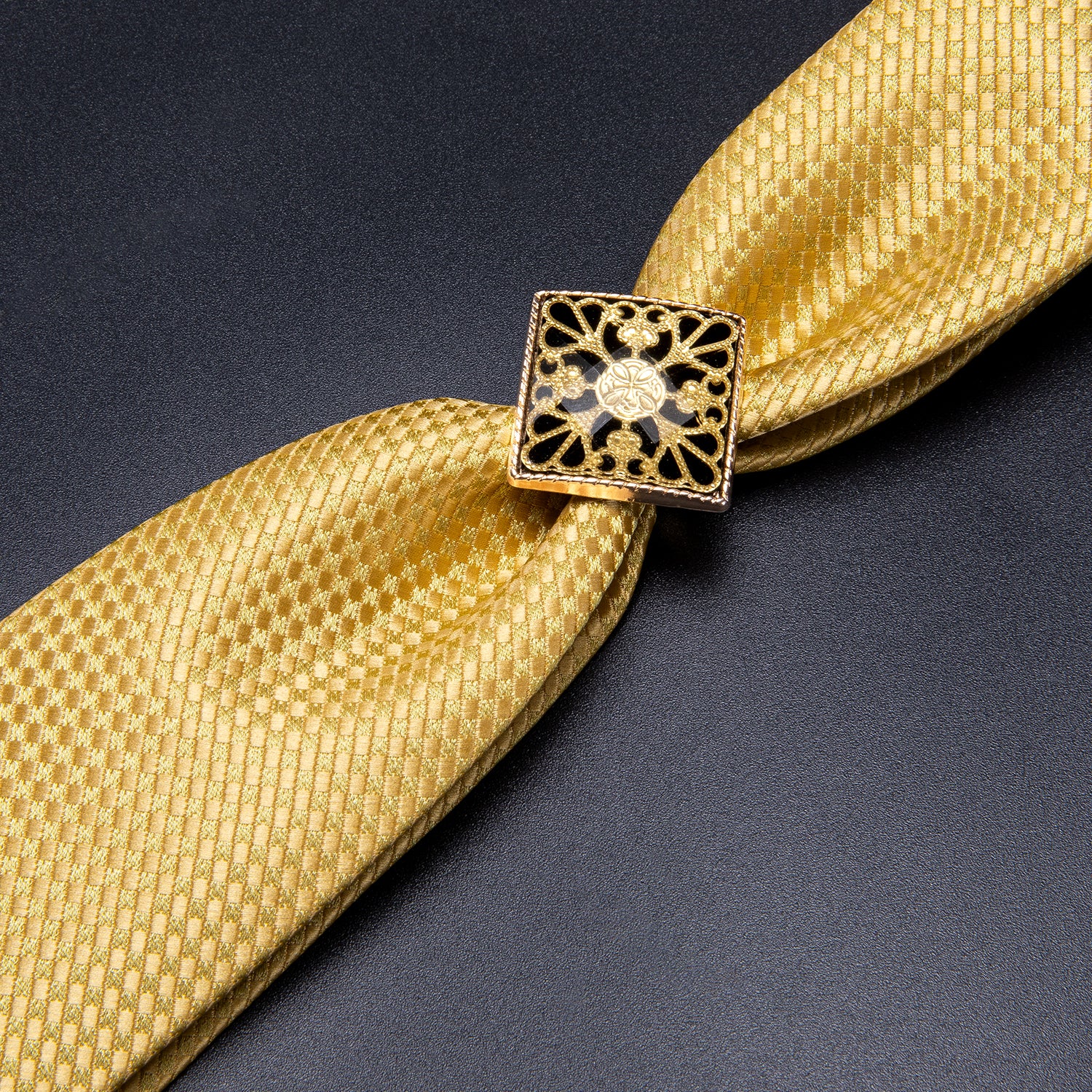 Gold Solid Poirot Tie Ring Pocket Square Cufflinks Set