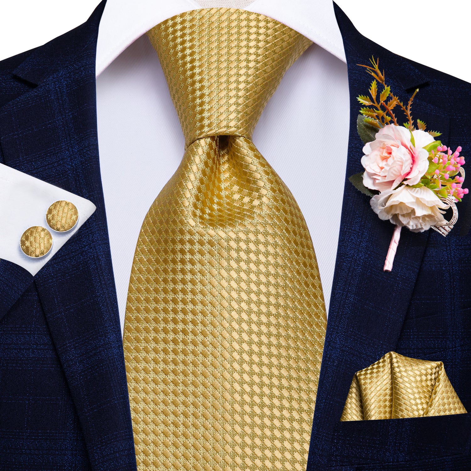 Yellow Solid Tie Handkerchief Cufflinks Set with Wedding Brooch