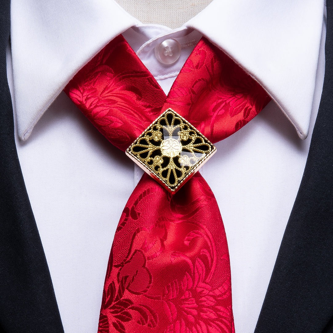 Red Floral  Poirot Tie Ring Pocket Square Cufflinks Set