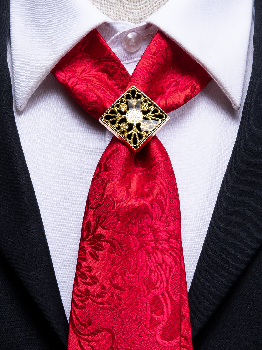 Red Floral  Poirot Tie Ring Pocket Square Cufflinks Set