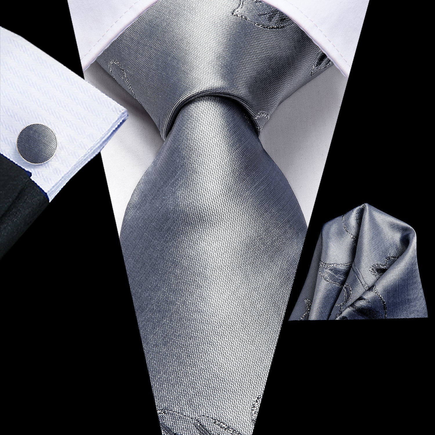 Grey Floral Tie Pocket Square Cufflinks Set