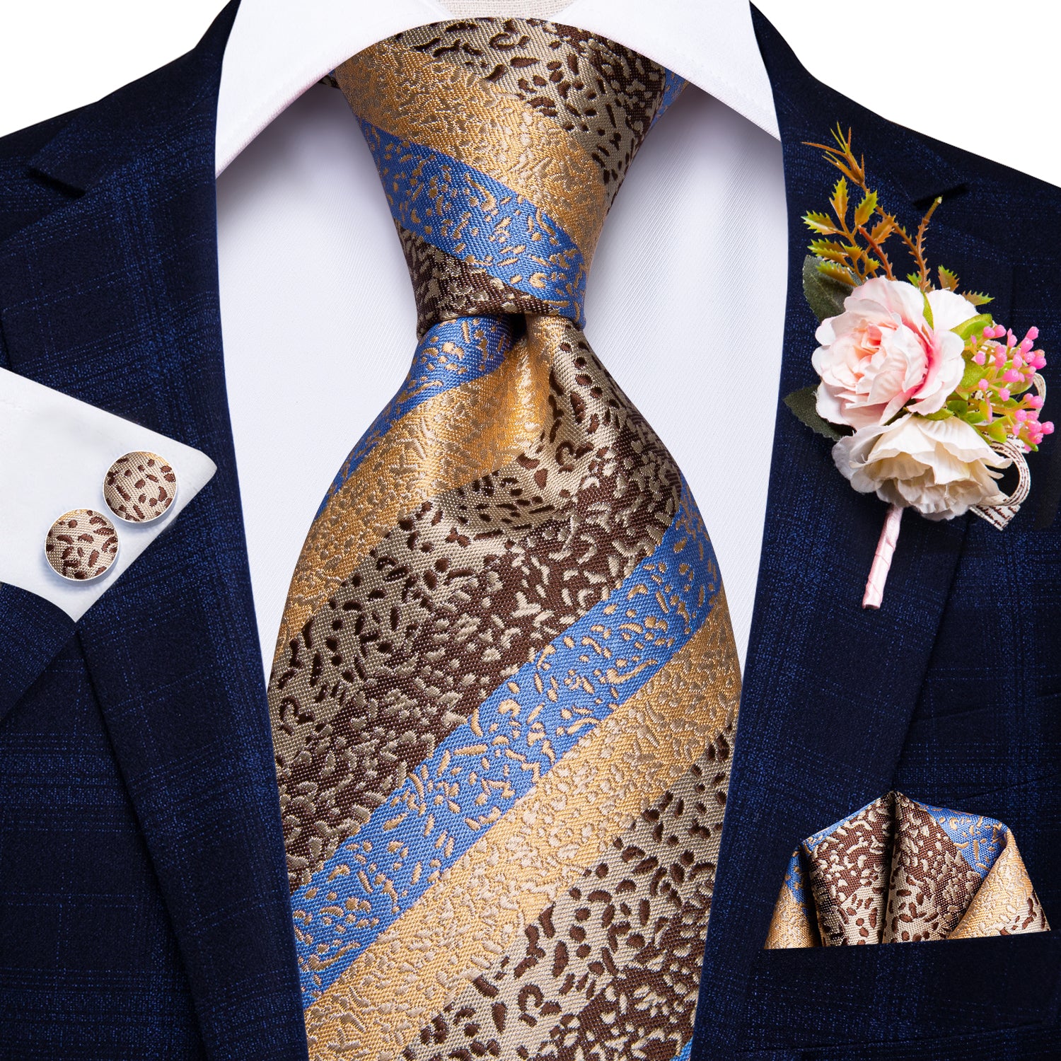 Blue Brown Striped Tie Handkerchief Cufflinks Set with Wedding Brooch