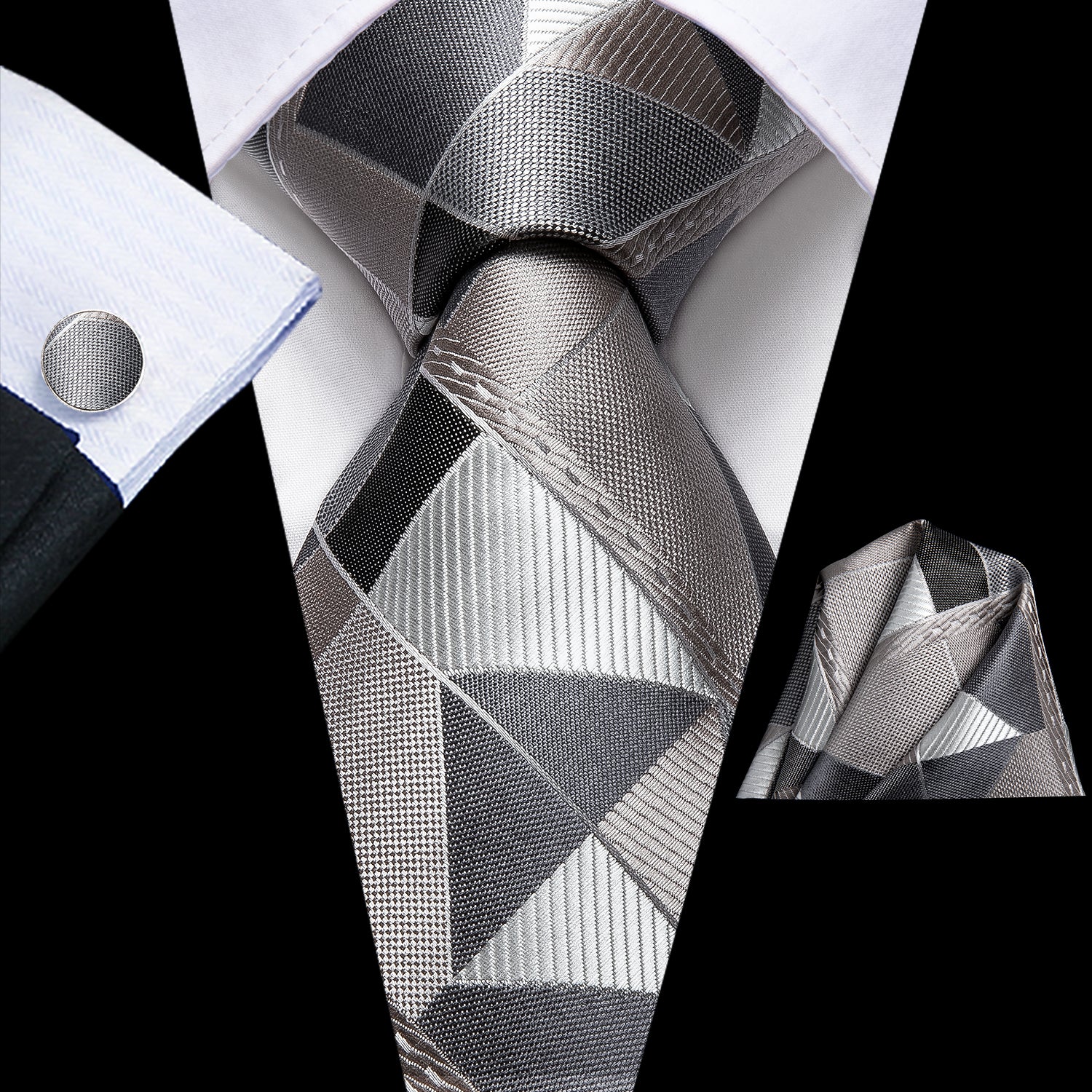 Grey Beige Novelty Plaid Tie Pocket Square Cufflinks Set