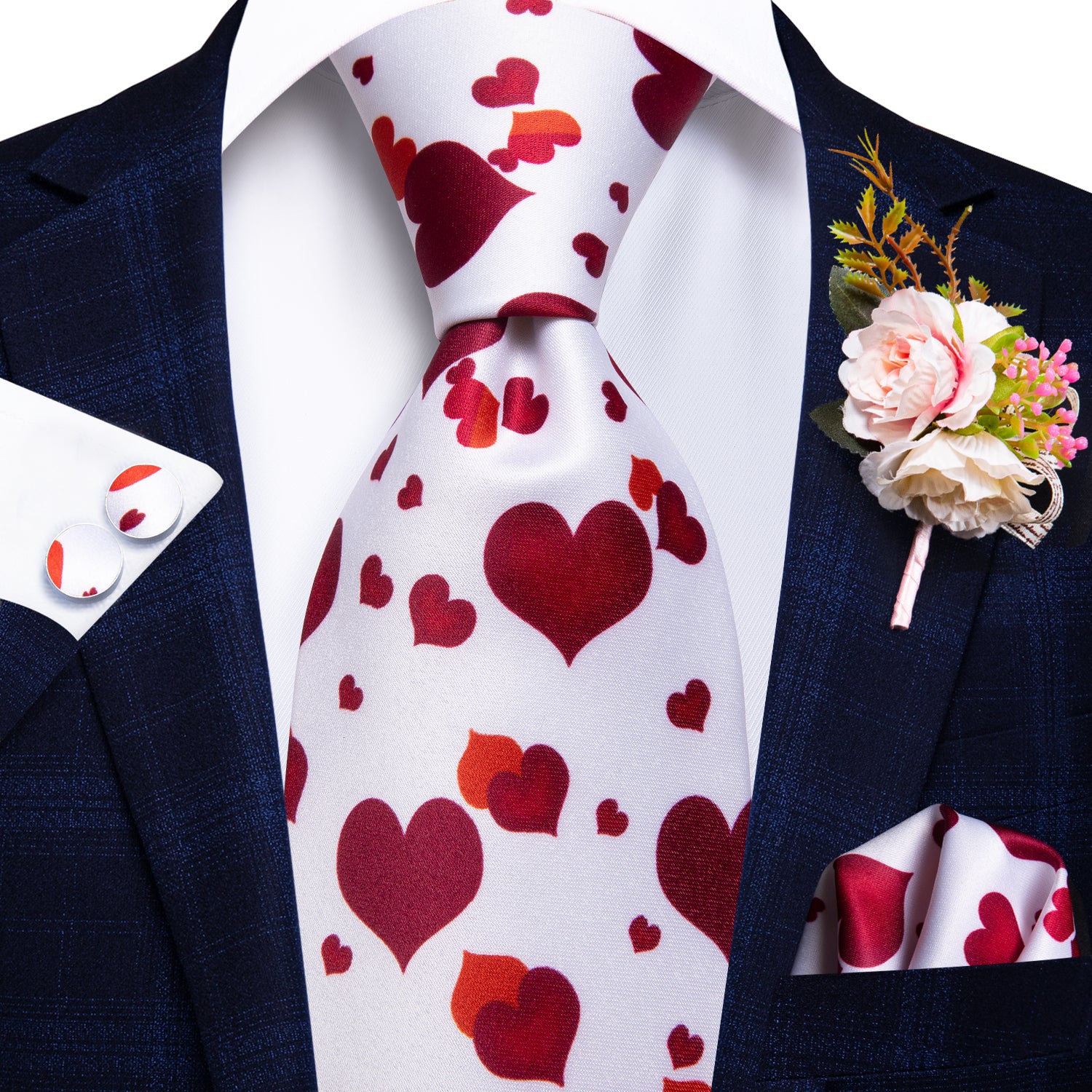 Lovely Heart Tie Handkerchief Cufflinks Set with Wedding Brooch