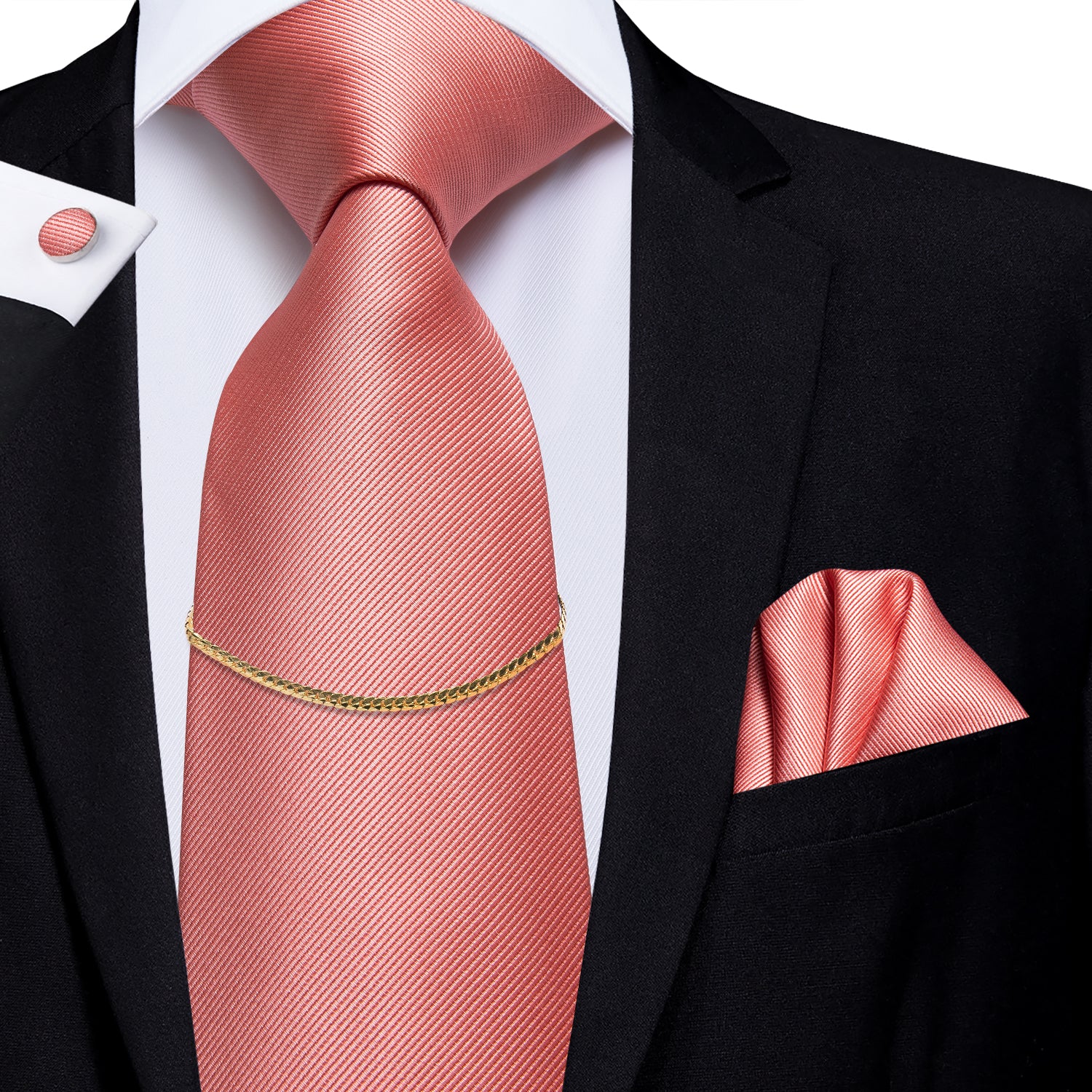 Coral solid Tie Handkerchief Cufflinks Set With Golden Chain
