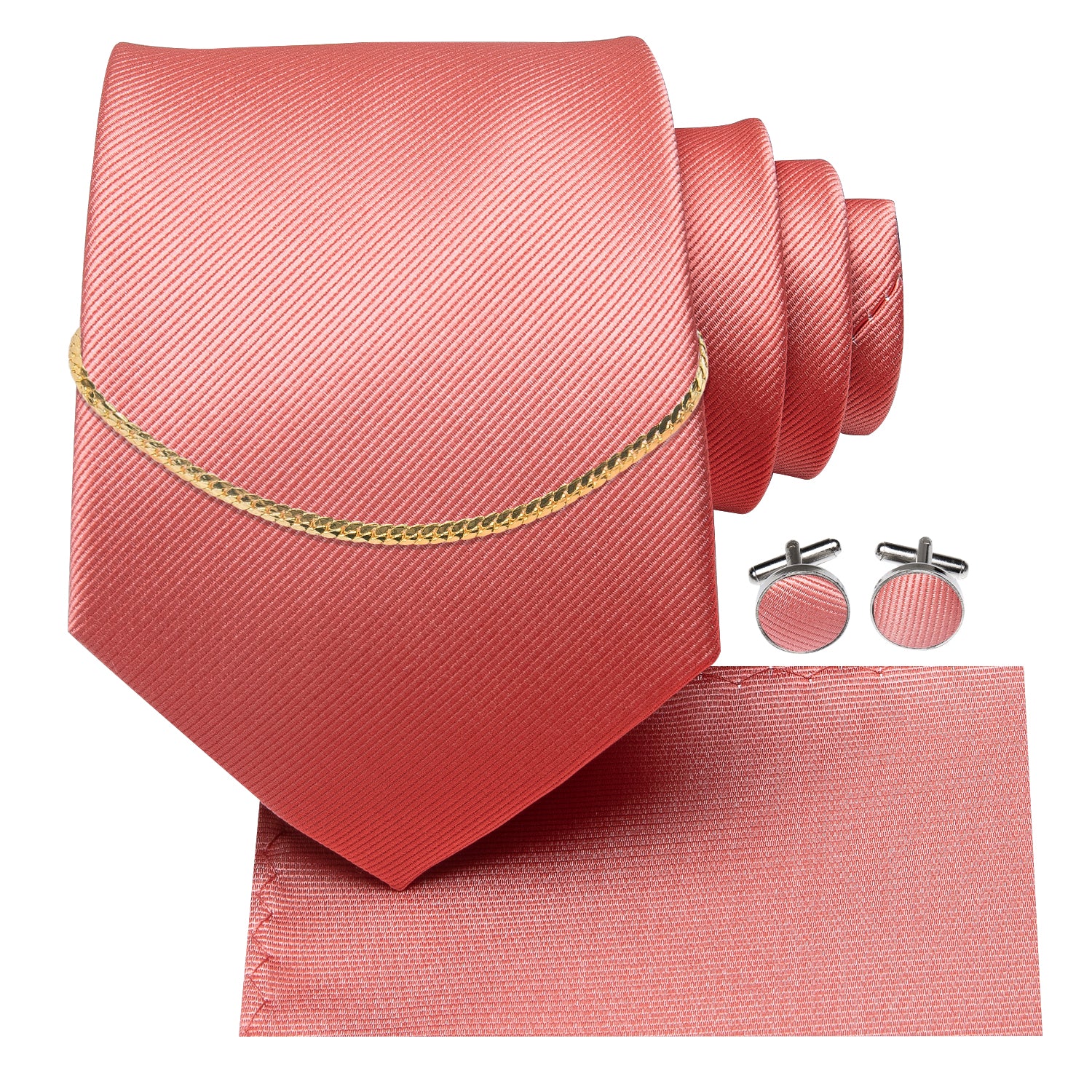 Coral solid Tie Handkerchief Cufflinks Set With Golden Chain