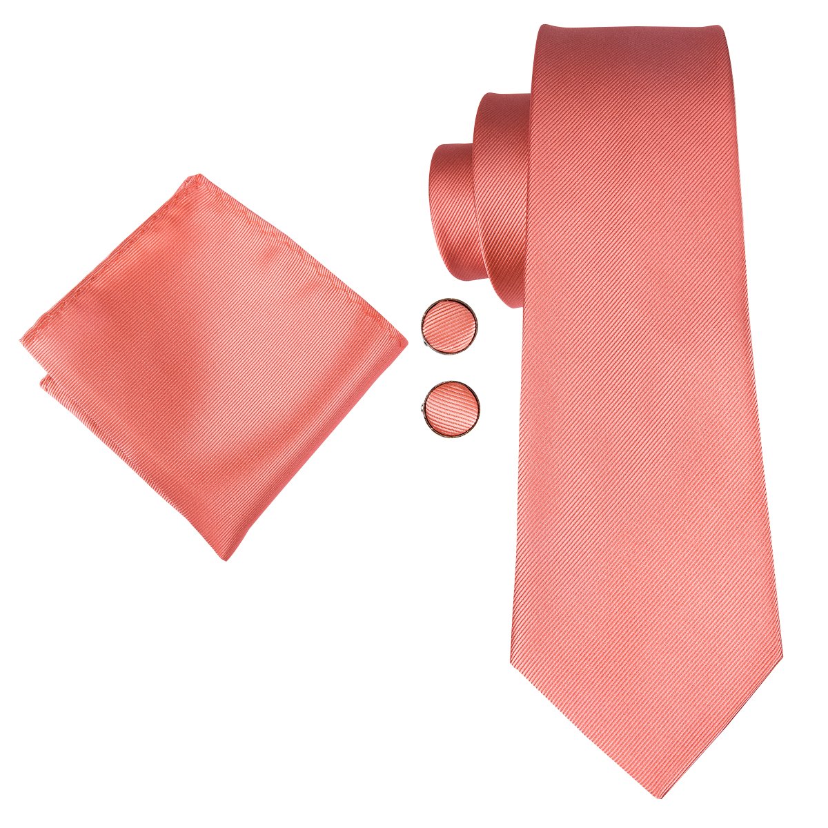 Coral solid Tie Handkerchief Cufflinks Set with Brooch