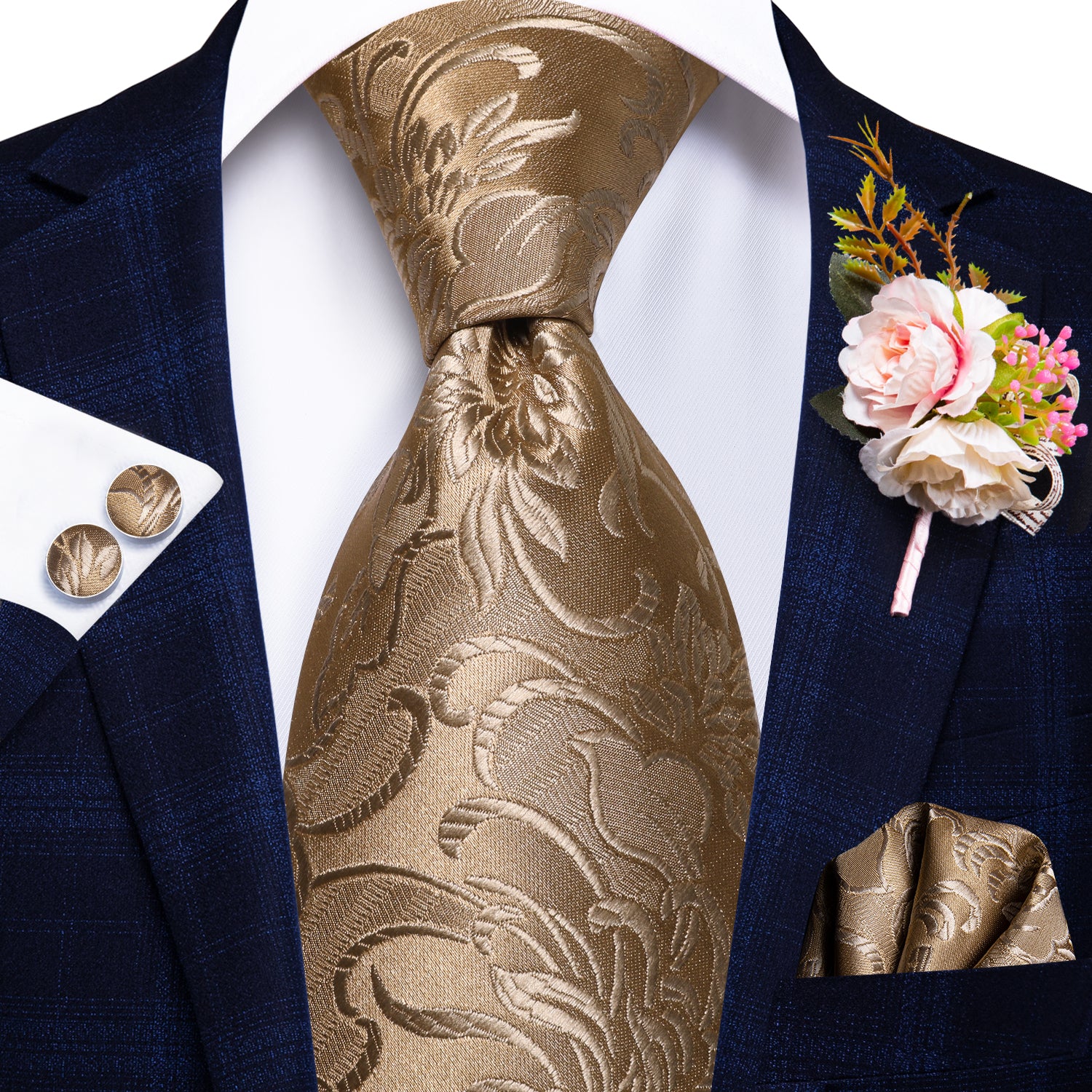 Champagne Gold Floral Tie Handkerchief Cufflinks Set with Wedding Brooch