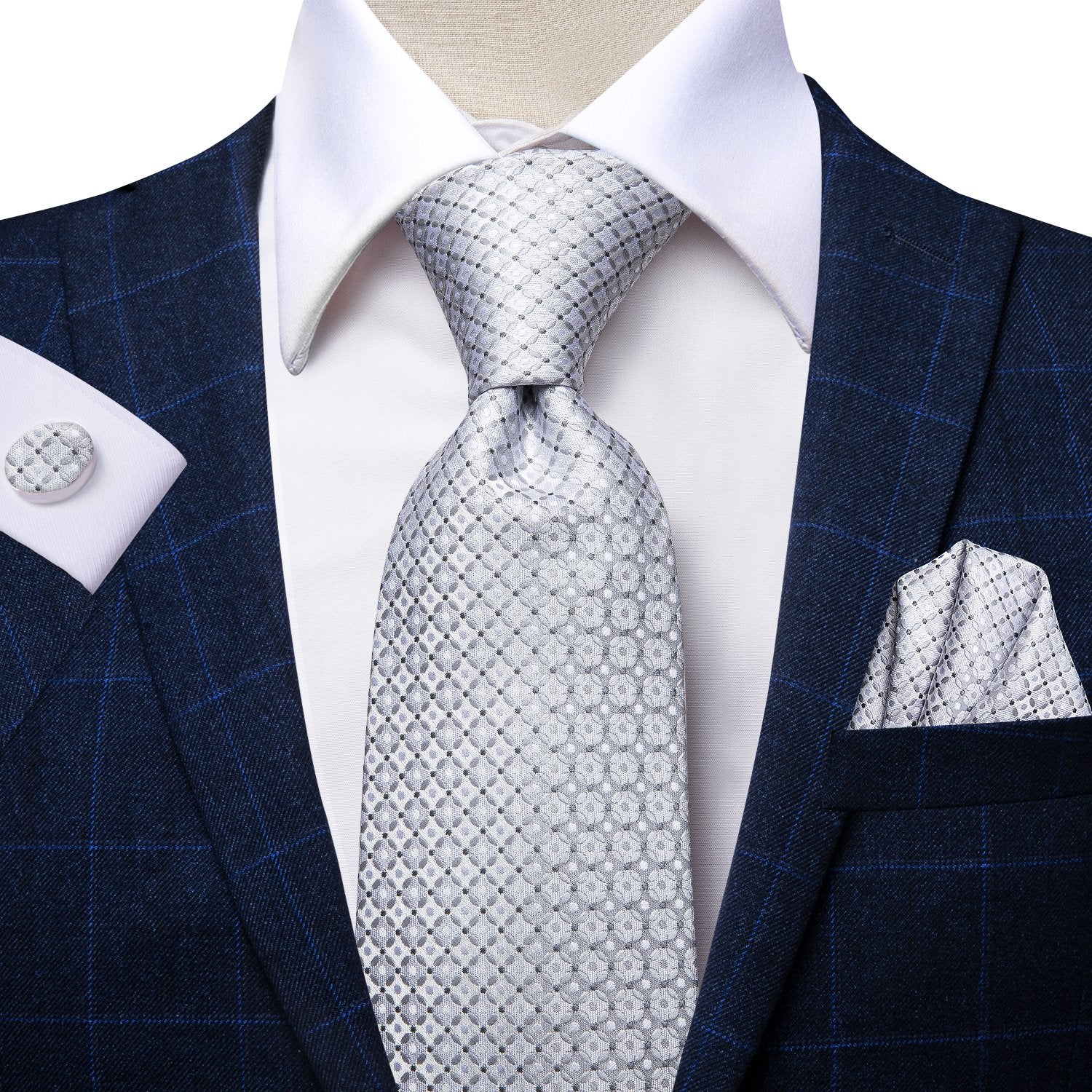 White Plaid Dot Tie Handkerchief Cufflinks Set with Wedding Brooch