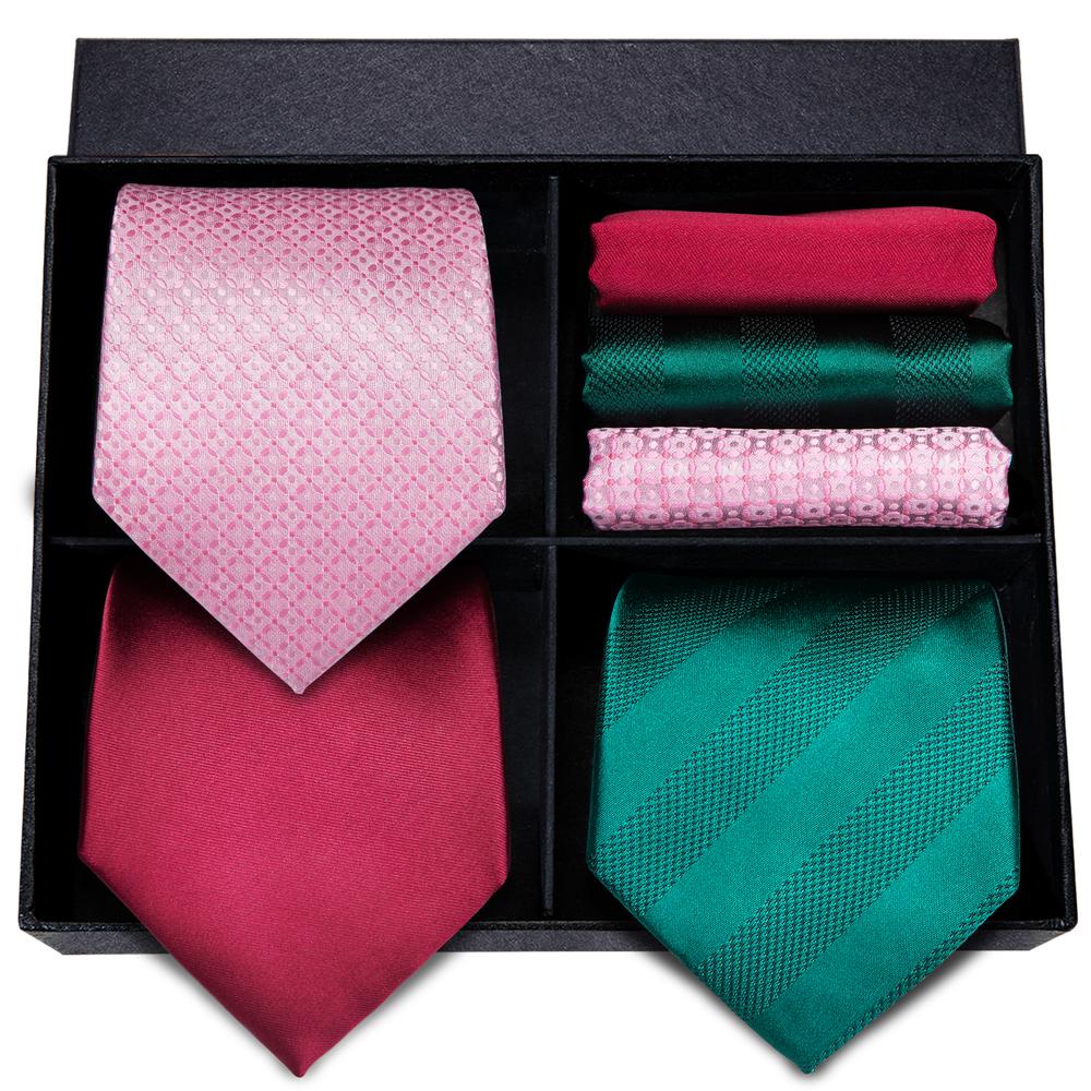 Pink Green Red Solid Tie Pocket Square Cufflinks Gift Box Set