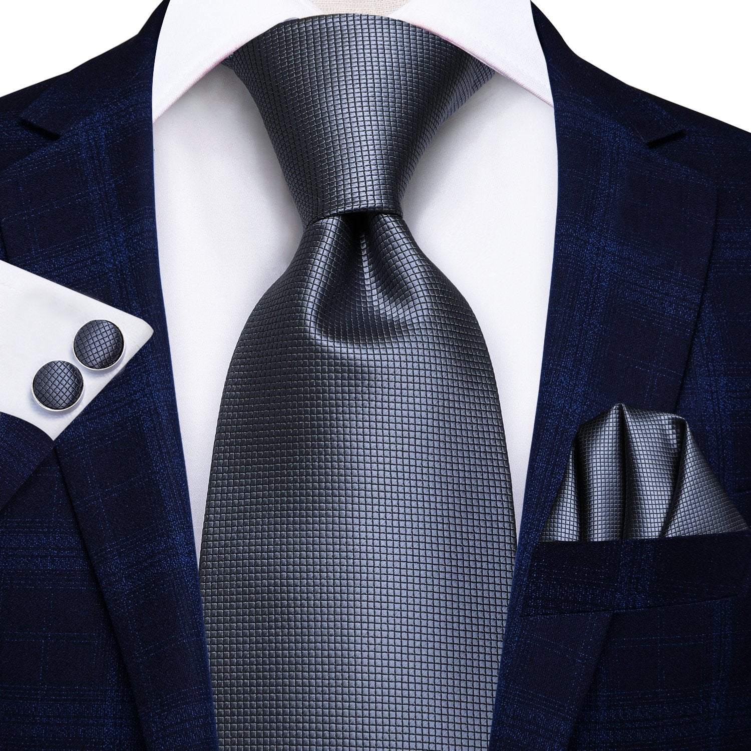Grey Solid Tie Handkerchief Cufflinks Set with Wedding Brooch