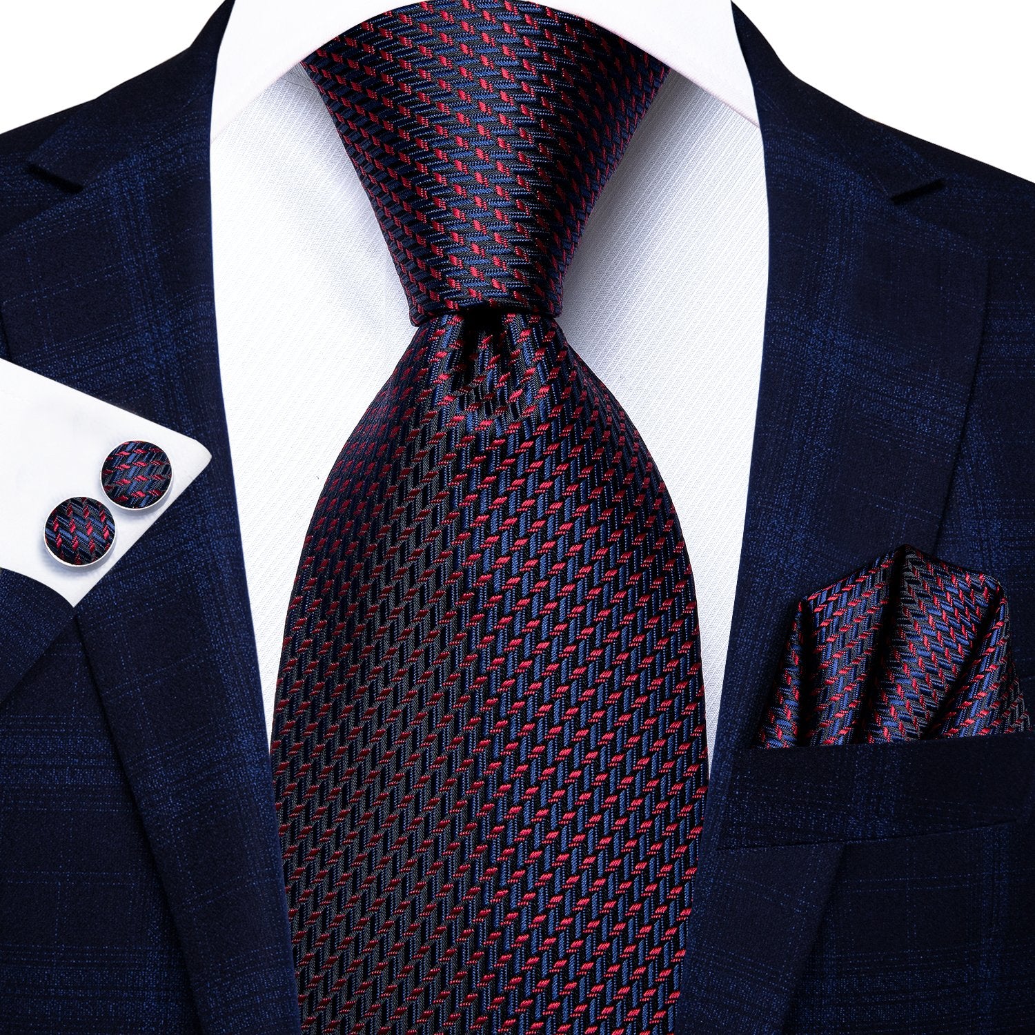 Blue Red Striped Tie Handkerchief Cufflinks Set with Wedding Brooch