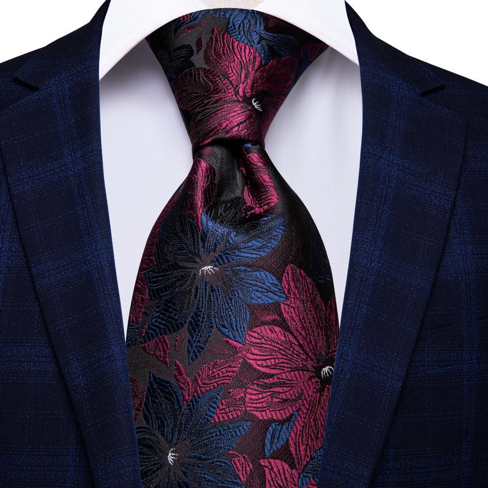 Black Blue Red Floral Tie Handkerchief Cufflinks Set with Wedding Brooch