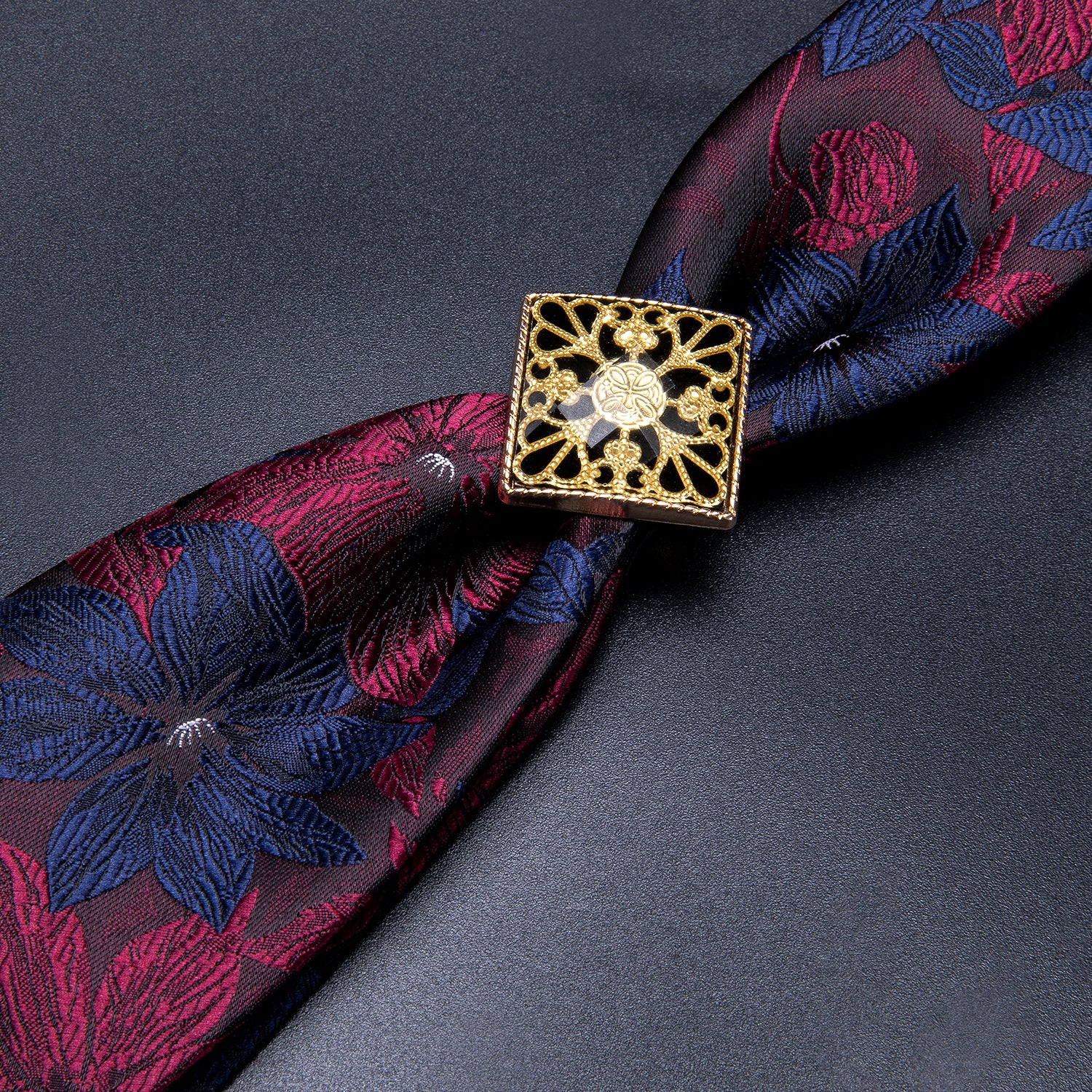 Blue Red Floral Poirot Tie Ring Pocket Square Cufflinks Set