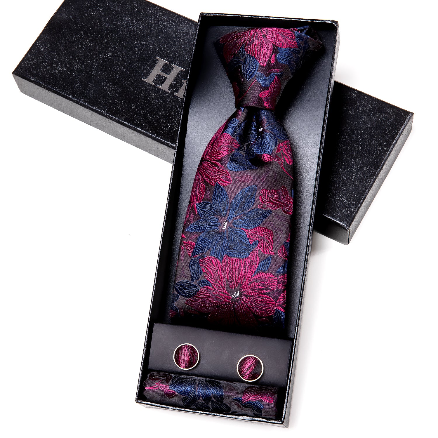 Black Blue Red Floral Tie Pocket Square Cufflinks Gift Box Set