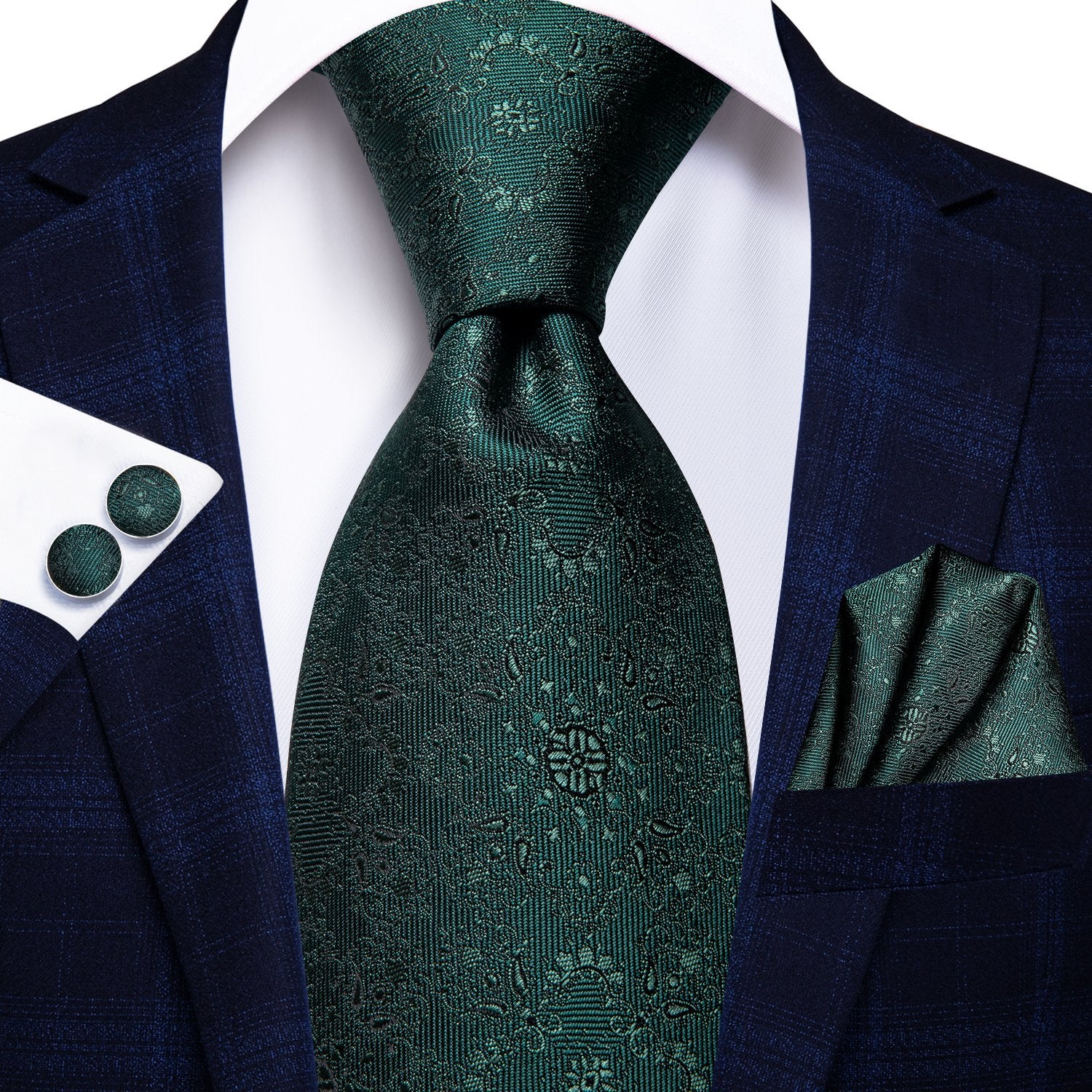 Dark Green Floral Tie Handkerchief Cufflinks Set with Wedding Brooch