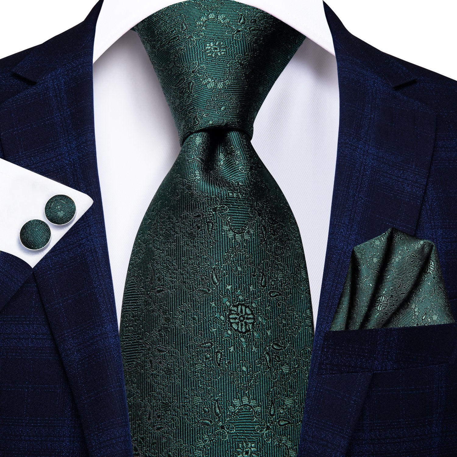 Dark Green Floral Mens's Tie Pocket Square Cufflinks Set