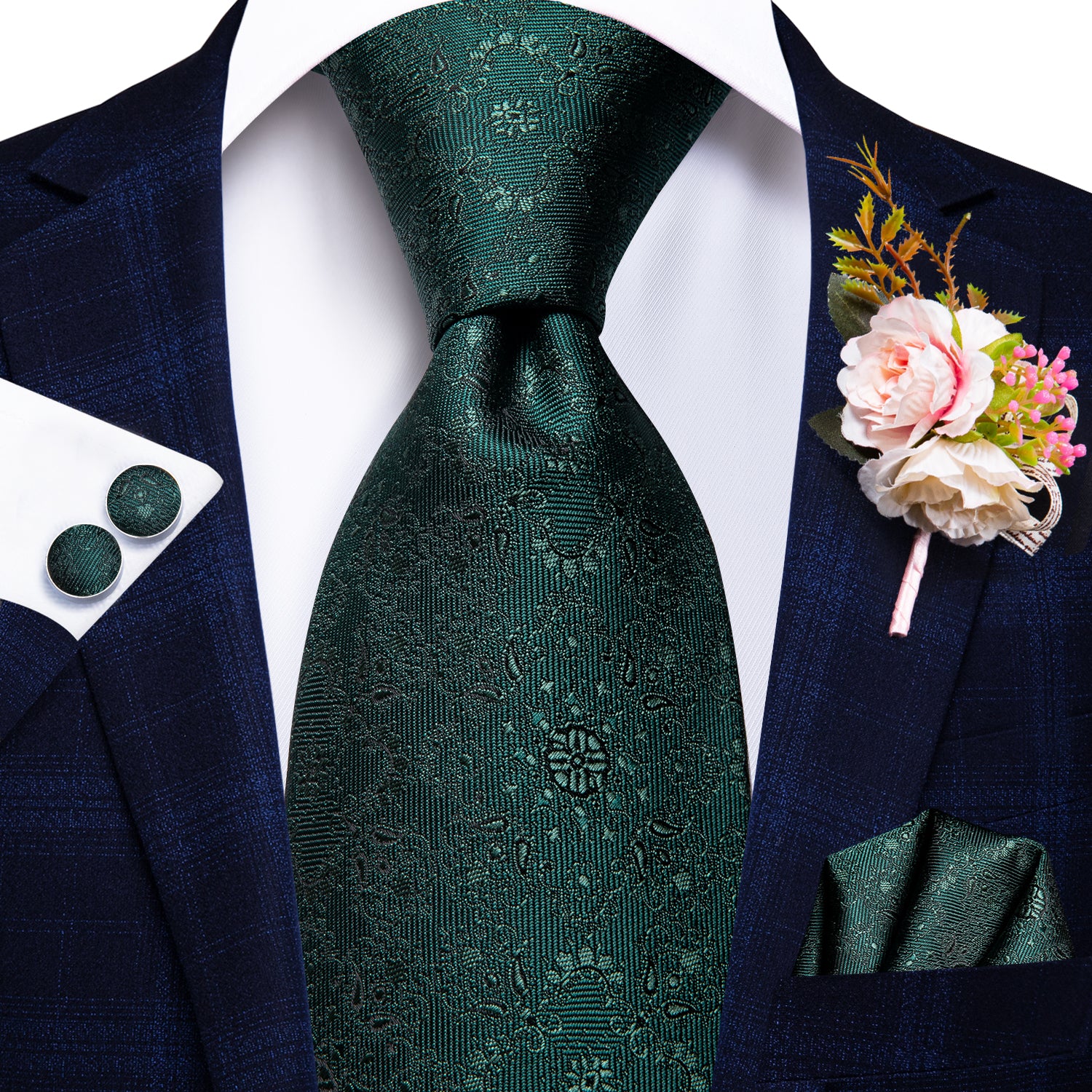 Dark Green Floral Tie Handkerchief Cufflinks Set with Wedding Brooch
