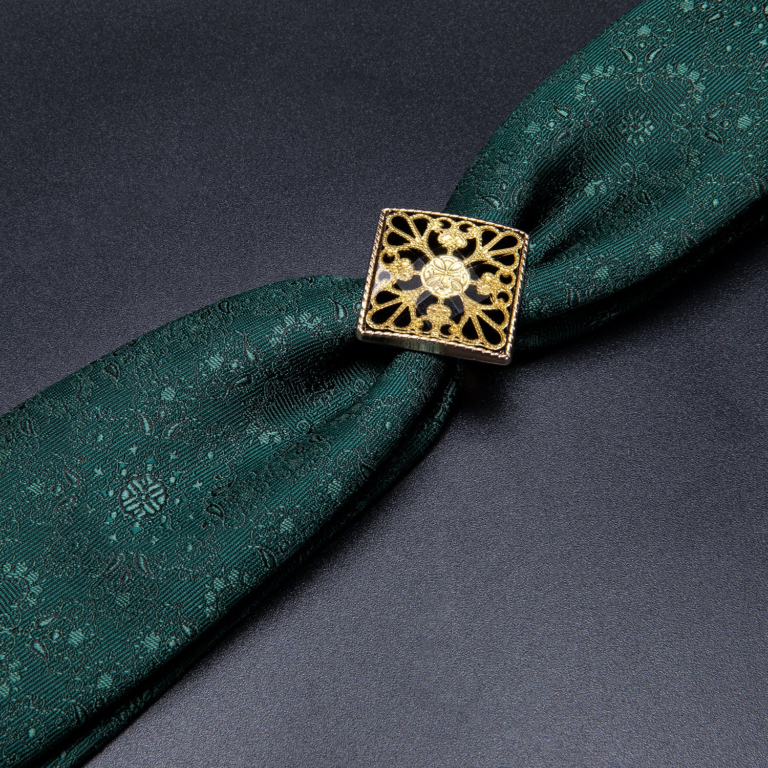 Dark Green Floral Poirot Tie Ring Pocket Square Cufflinks Set