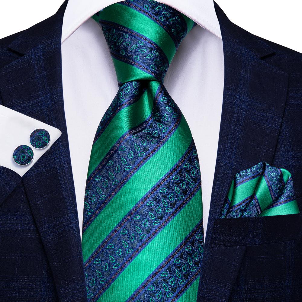 Green Blue Striped Men's Tie Pocket Square Cufflinks Set