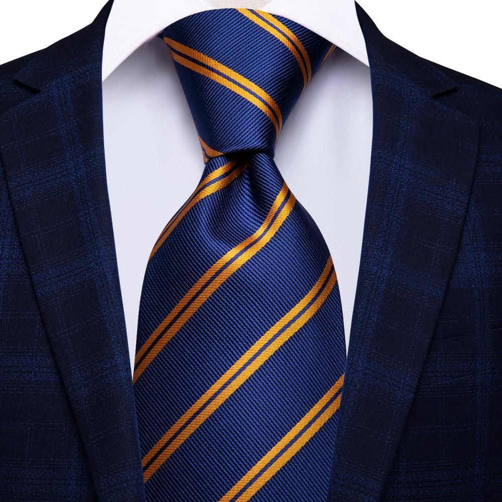 Shining Blue Yellow Striped Tie Handkerchief Cufflinks Set with Wedding Brooch