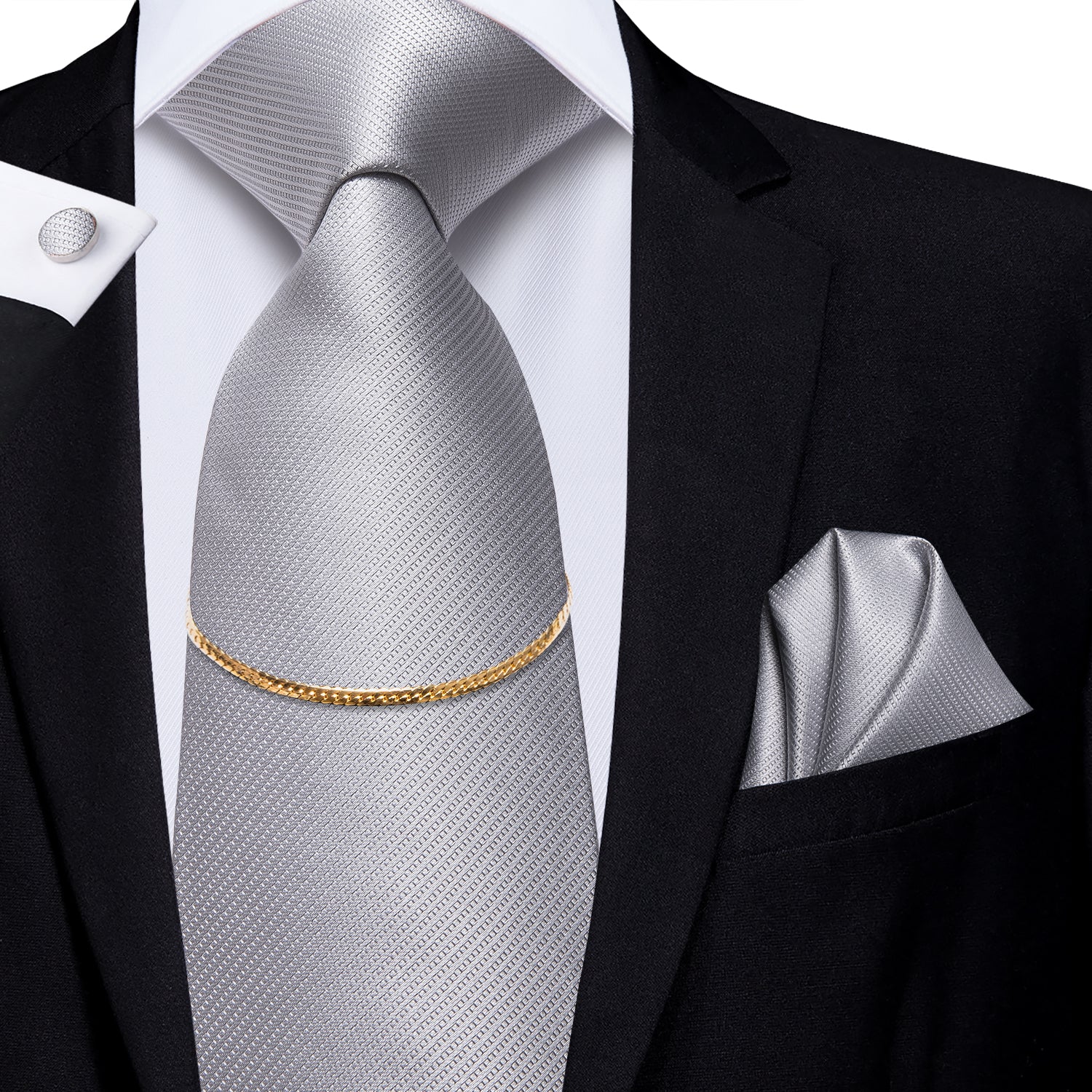Popular Grey Tie Pocket Square Cufflinks Set With Golden Chain