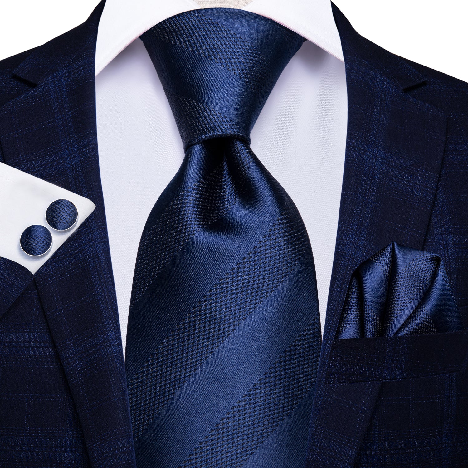 Royal Blue Striped Necktie Pocket Square Cufflinks Set