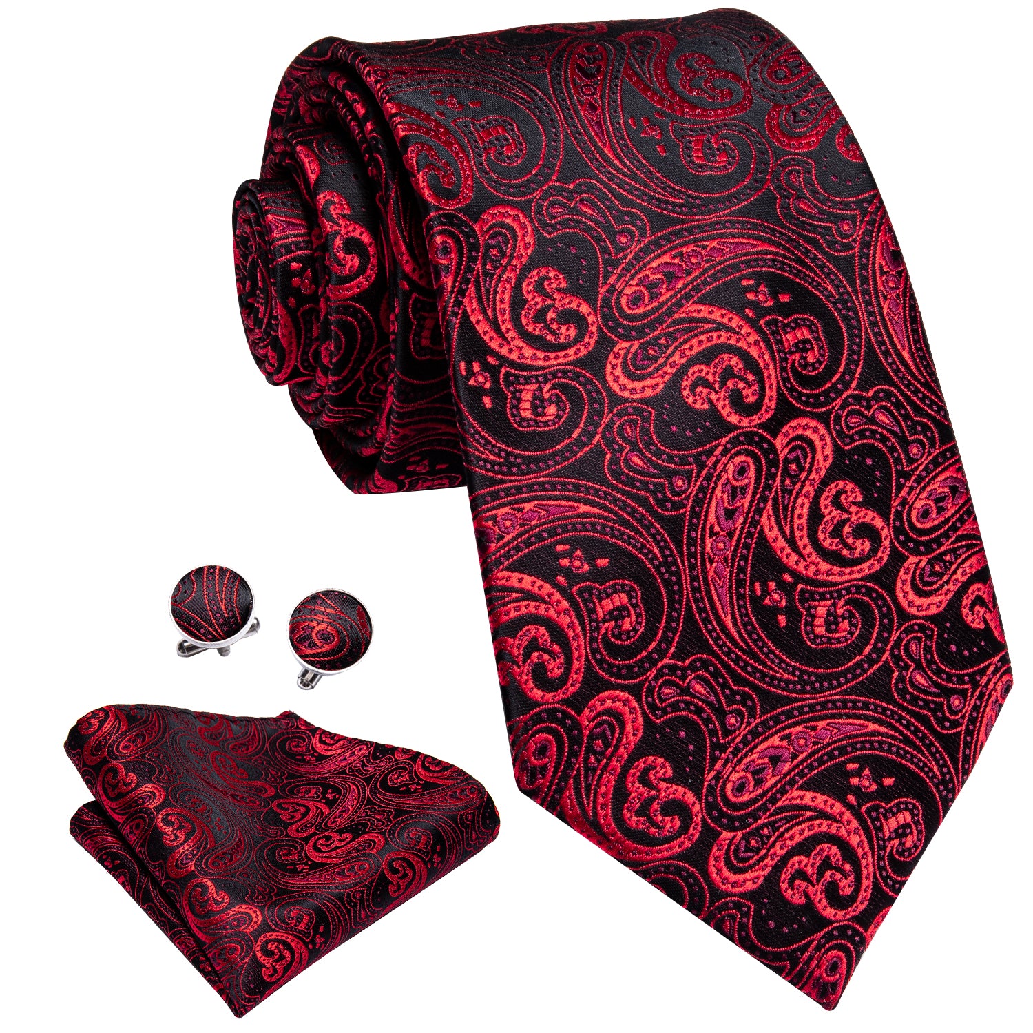 Men's Red Paisley Tie Pocket Square Cufflinks Set Gift Box Set